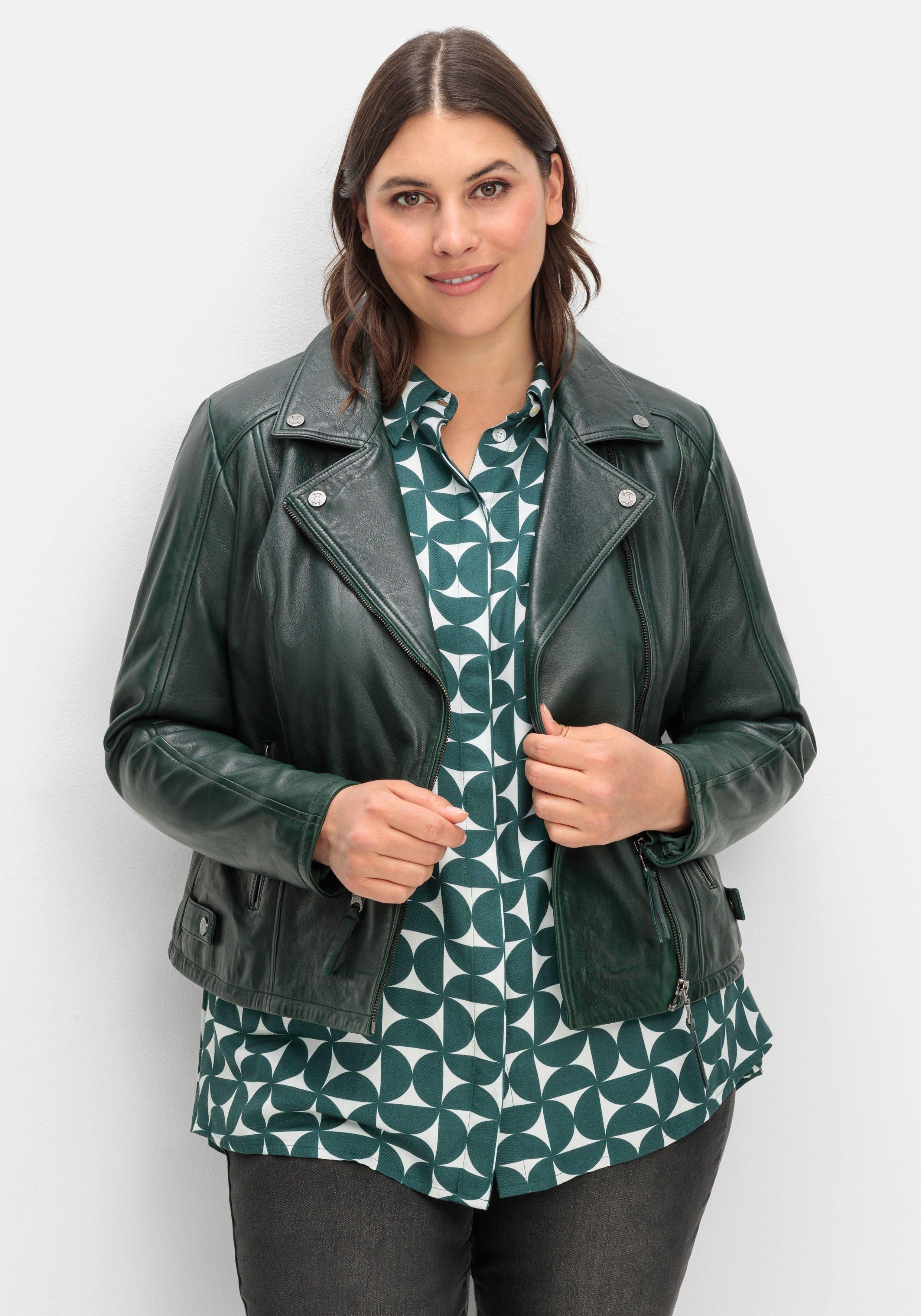 sheego Kurze Lederjacke aus Lammnappa, im Biker-Stil - tiefgrün sheego