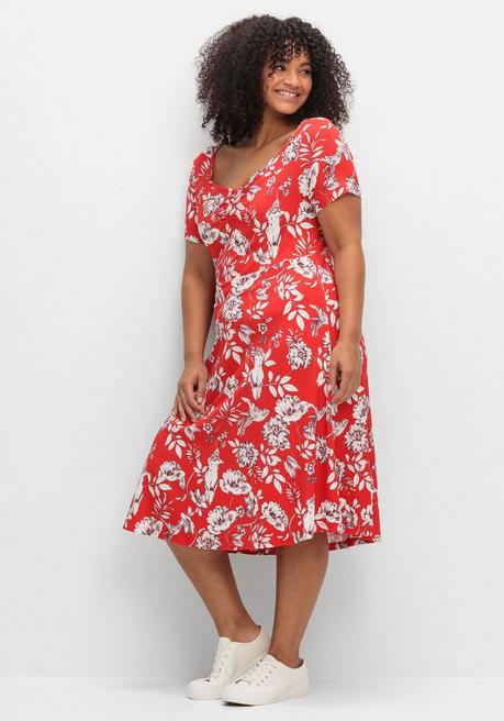 Jerseykleid mit Blumendruck und Herzausschnitt - rot gemustert - 54