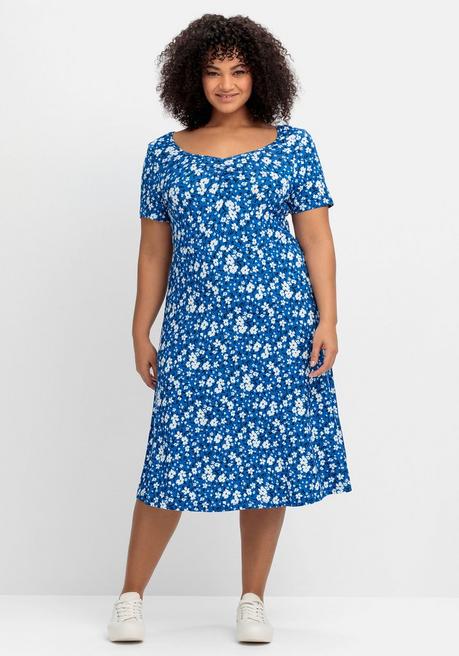 Jerseykleid mit Blumendruck und Herzausschnitt - blau gemustert - 40