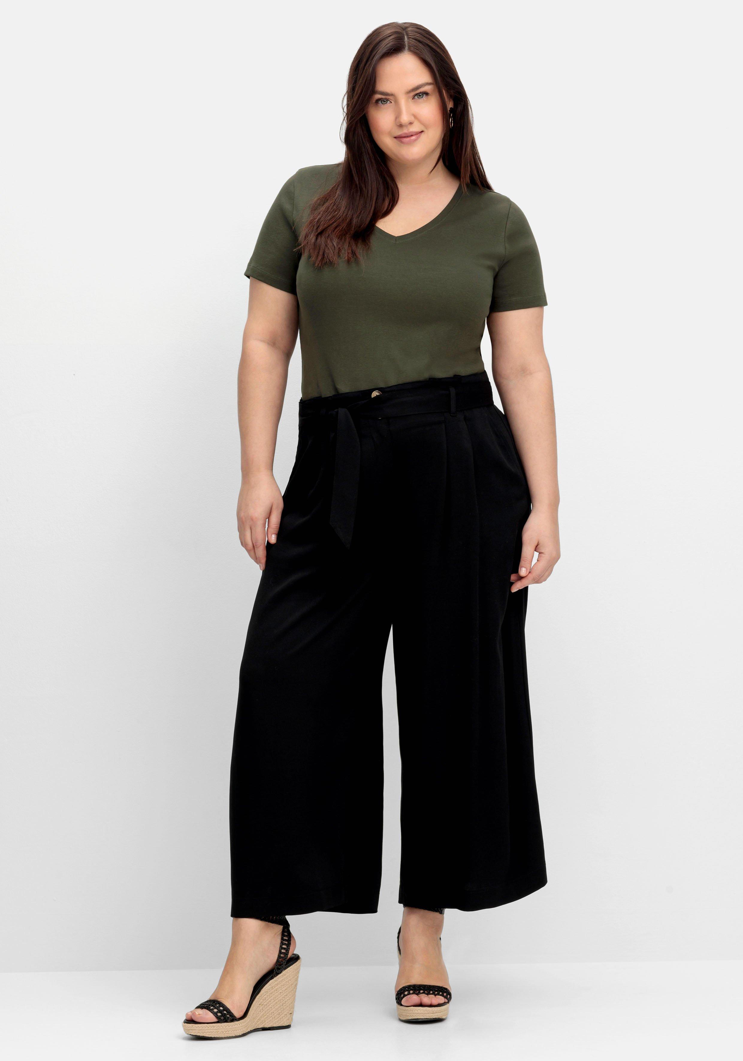 Culotte mit High-Waist-Bund und Stoffgürtel - dunkeloliv | sheego | Weite Hosen