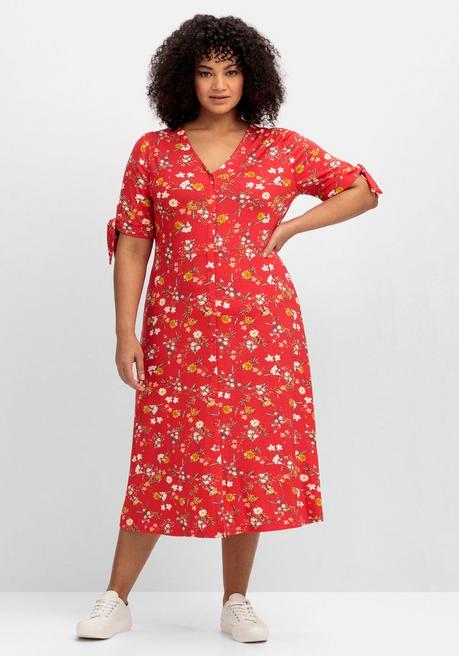 Jerseykleid mit Blumendruck und Zierknopfleiste - rot gemustert - 40