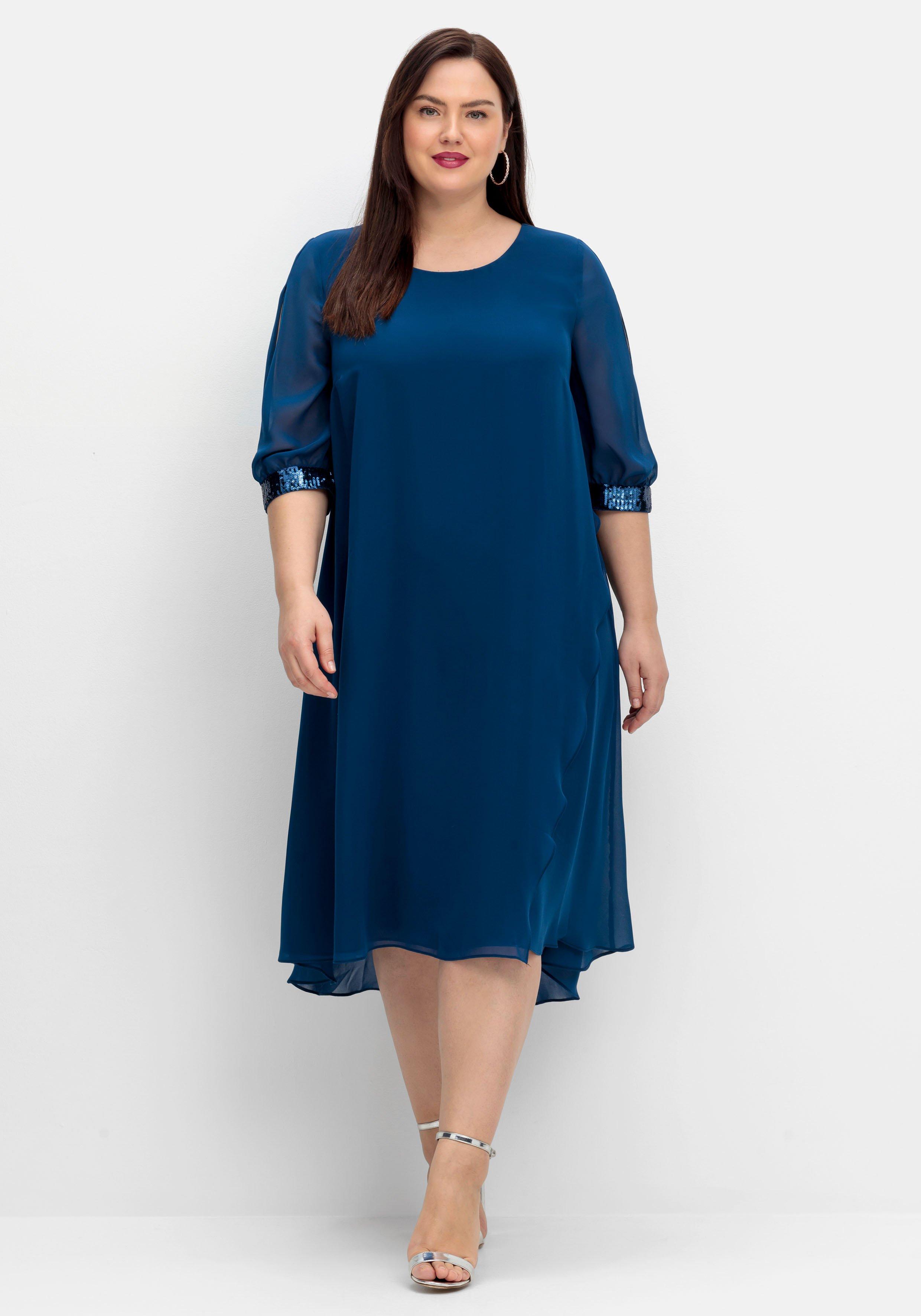 Ärmel blau geschlitztem aus - sheego Abendkleid mit Georgette, |