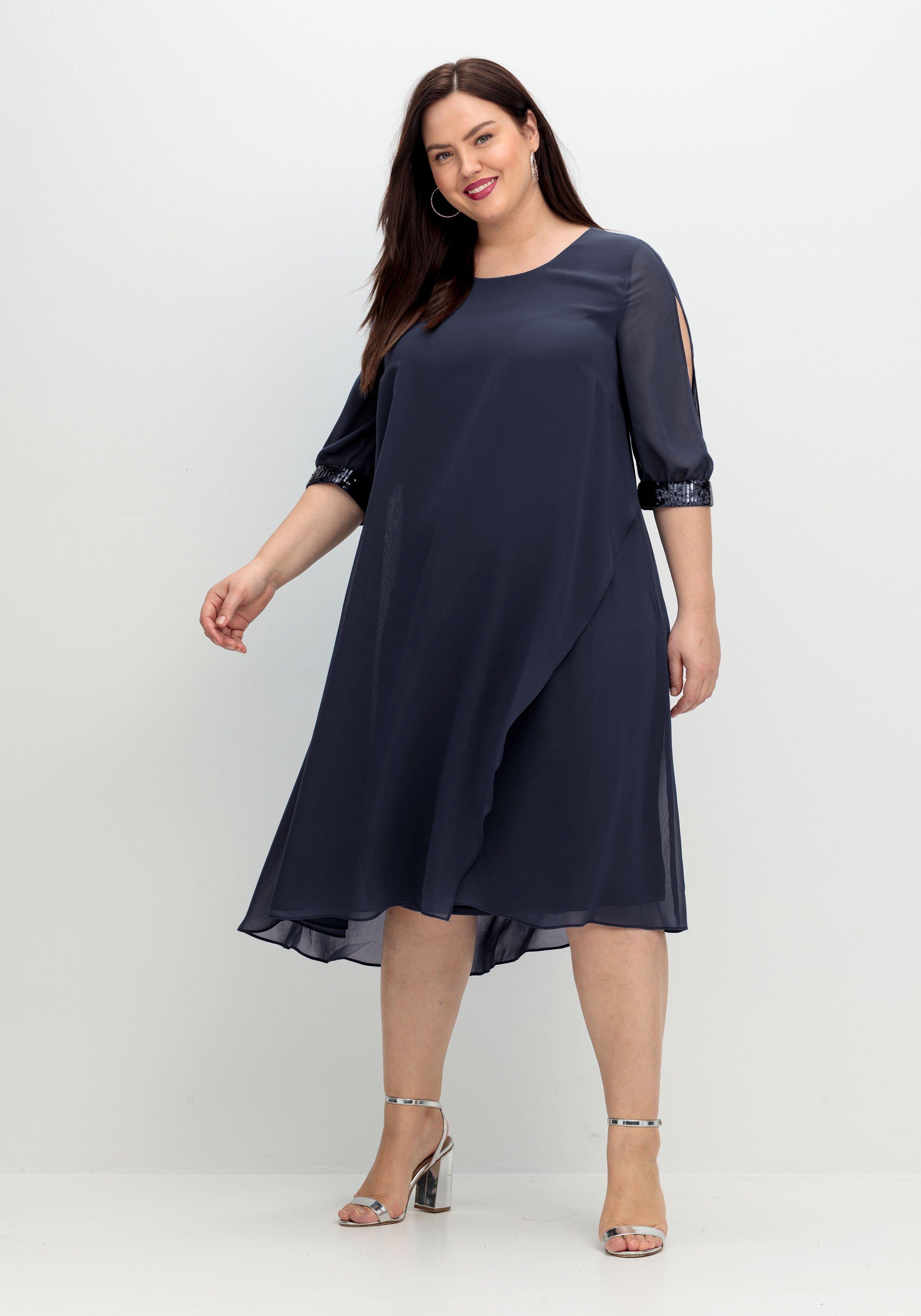 sheego Abendkleid aus Georgette, mit geschlitztem Ärmel - tiefblau sheego