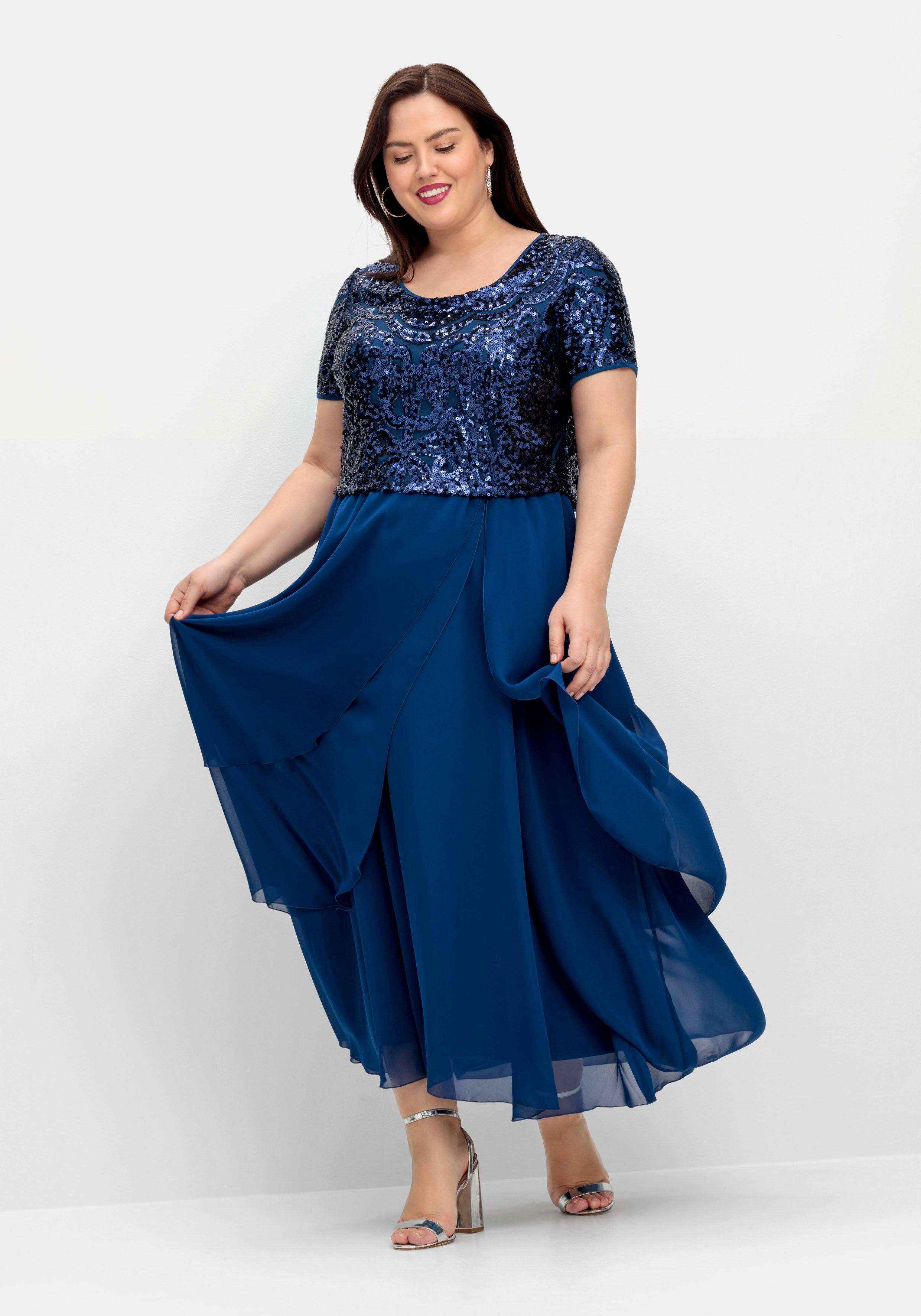 sheego Abendkleid mit Paillettenoberteil und Lagen-Rock - blau sheego