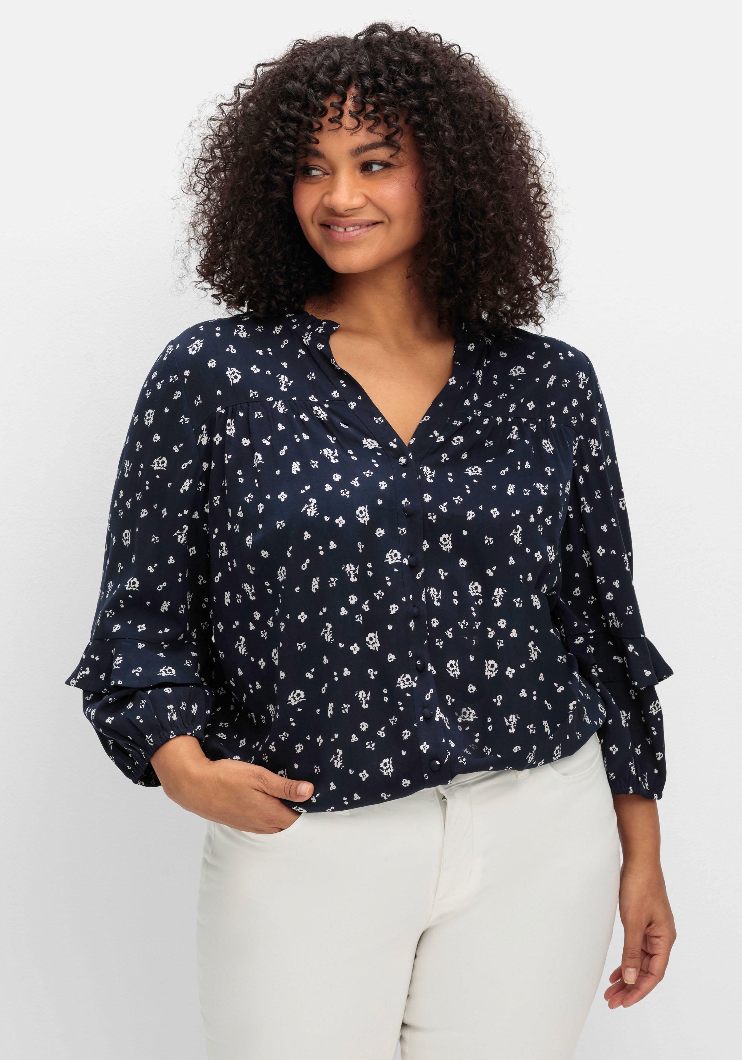 sheego by Joe Browns Twill-Bluse mit floralem Druck und Rüschendetails - dunkelblau gemustert sheego