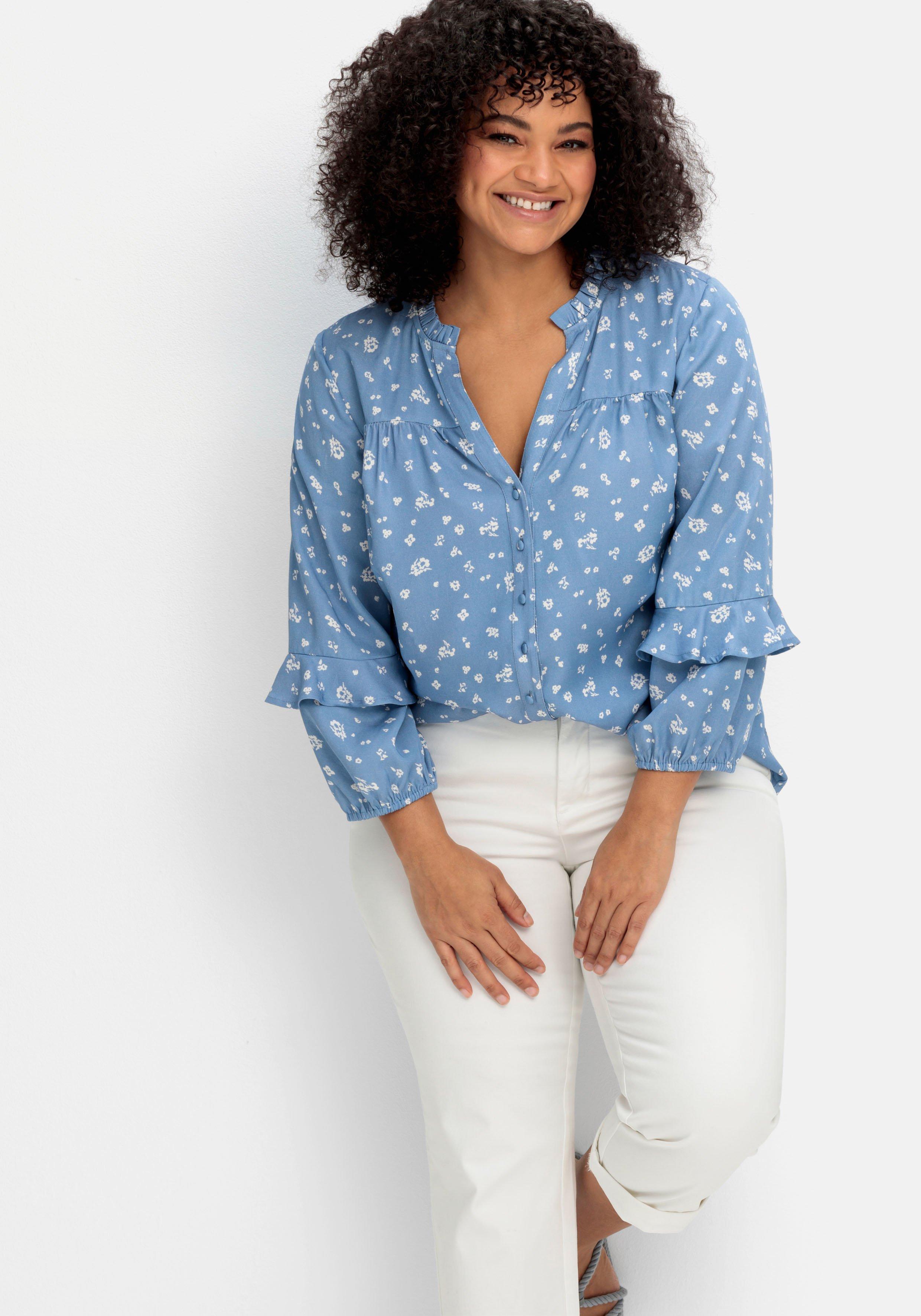 sheego by Joe Browns Twill-Bluse mit floralem Druck und Rüschendetails - blau gemustert sheego