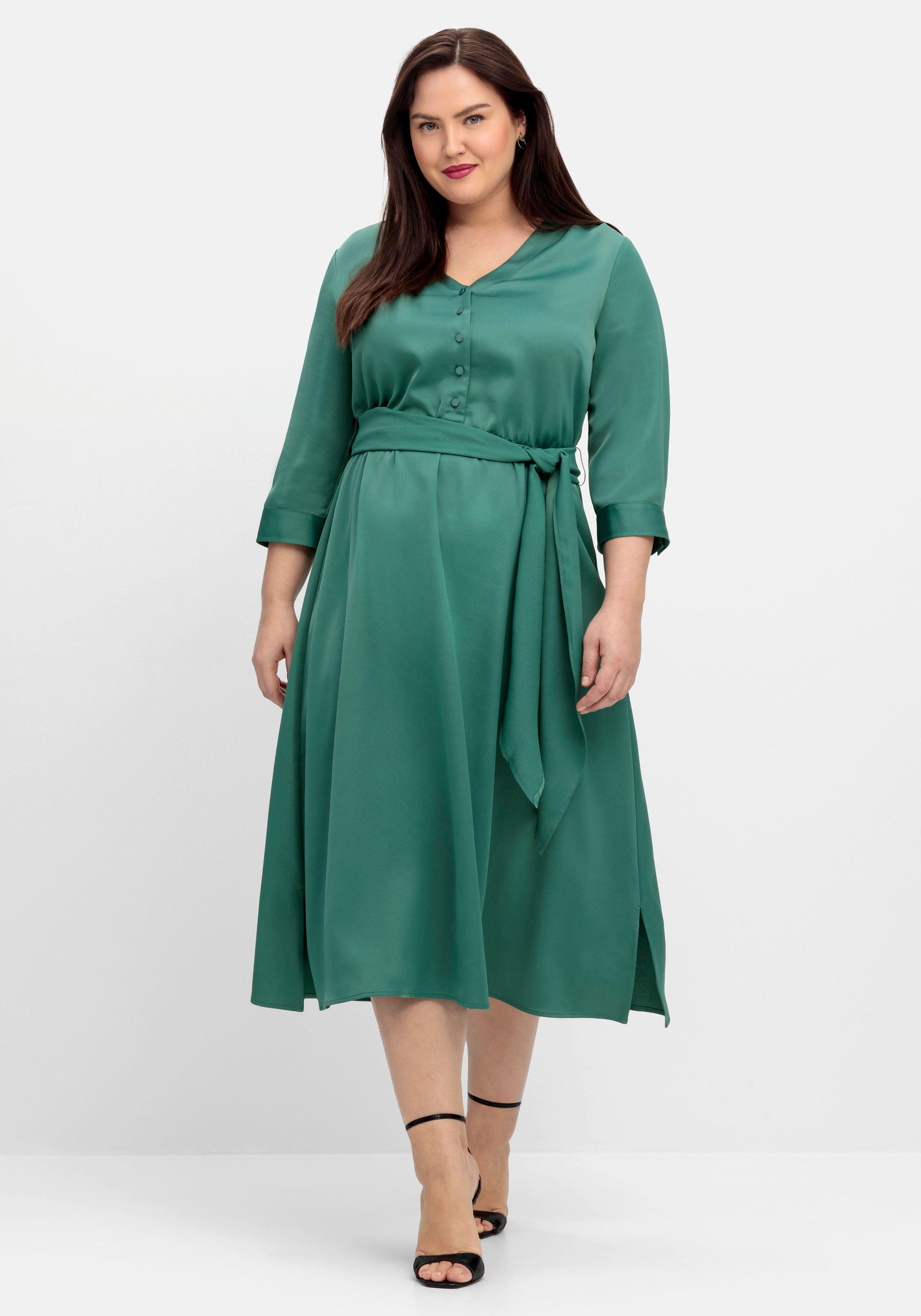 Kleid aus mit | Bindeband sheego - 3/4-Arm und Crêpe-Satin, opalgrün