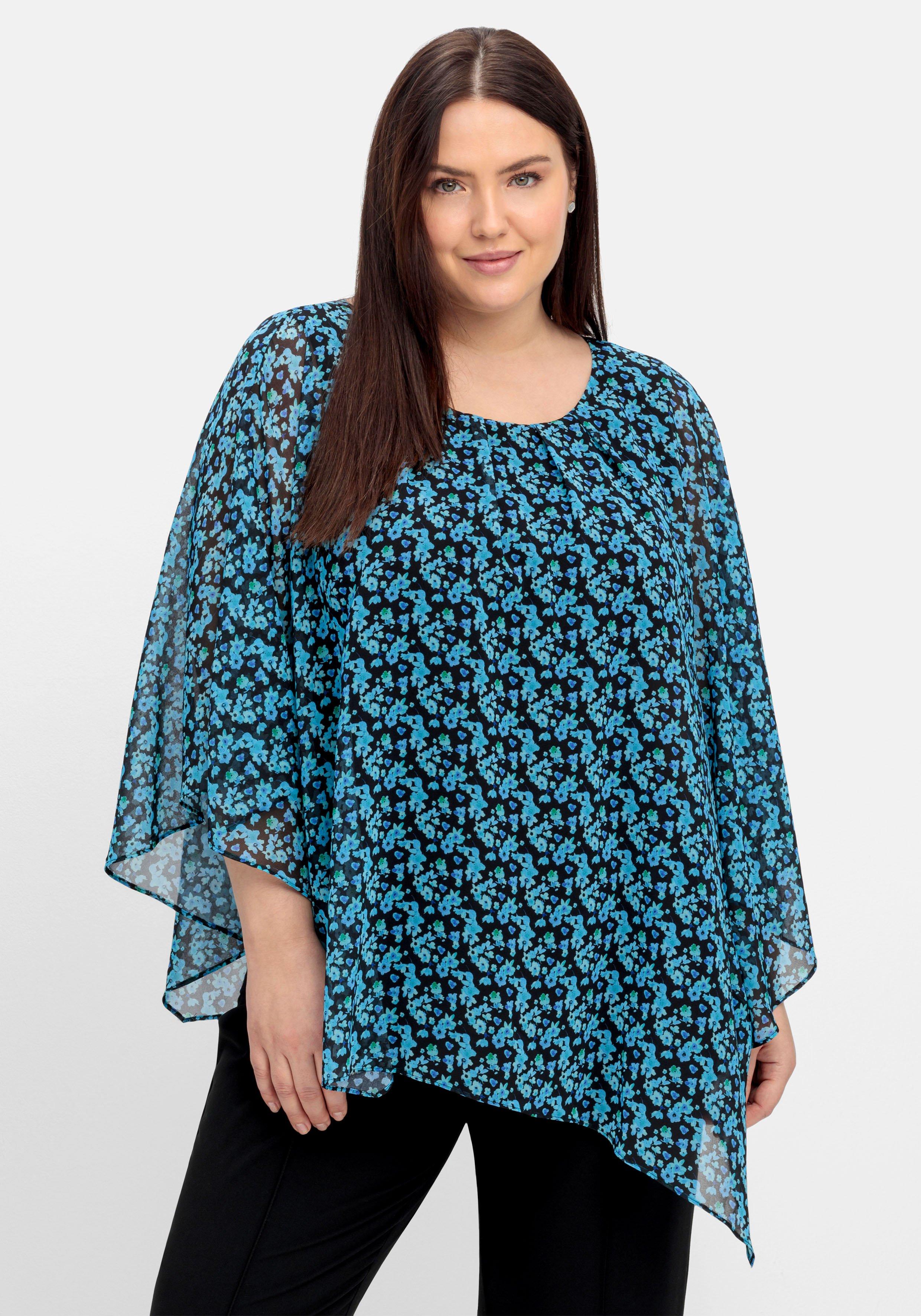 sheego Chiffontunika im Poncho-Stil, mit Alloverprint - schwarz gemustert sheego