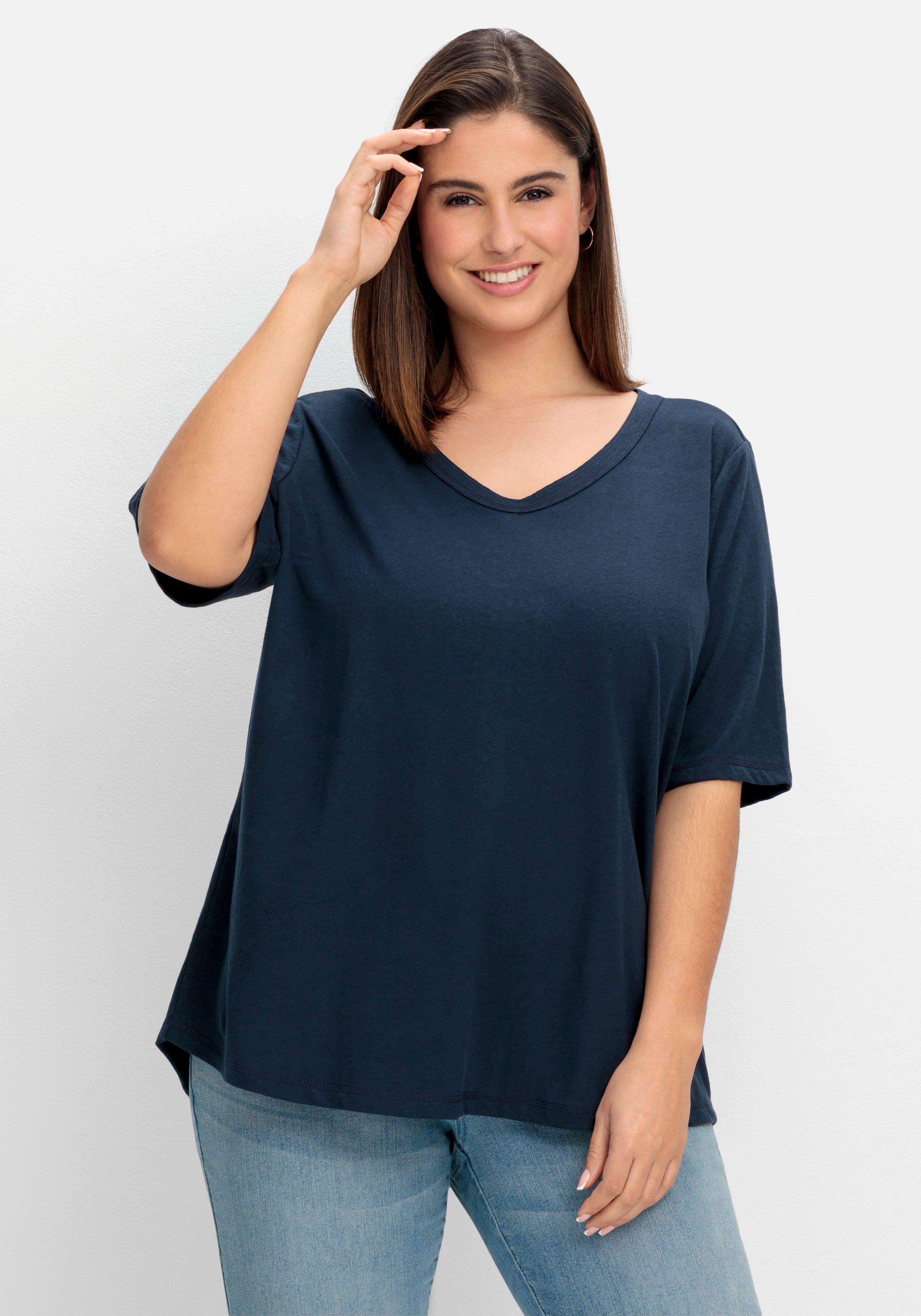 sheego Shirt im Leinen-Mix, mit Druck hinten - nachtblau sheego