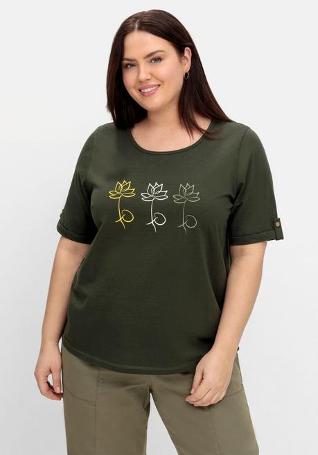 Shirt mit Blumen-Frontprint, aus Baumwolljersey - dunkeloliv - 40/42