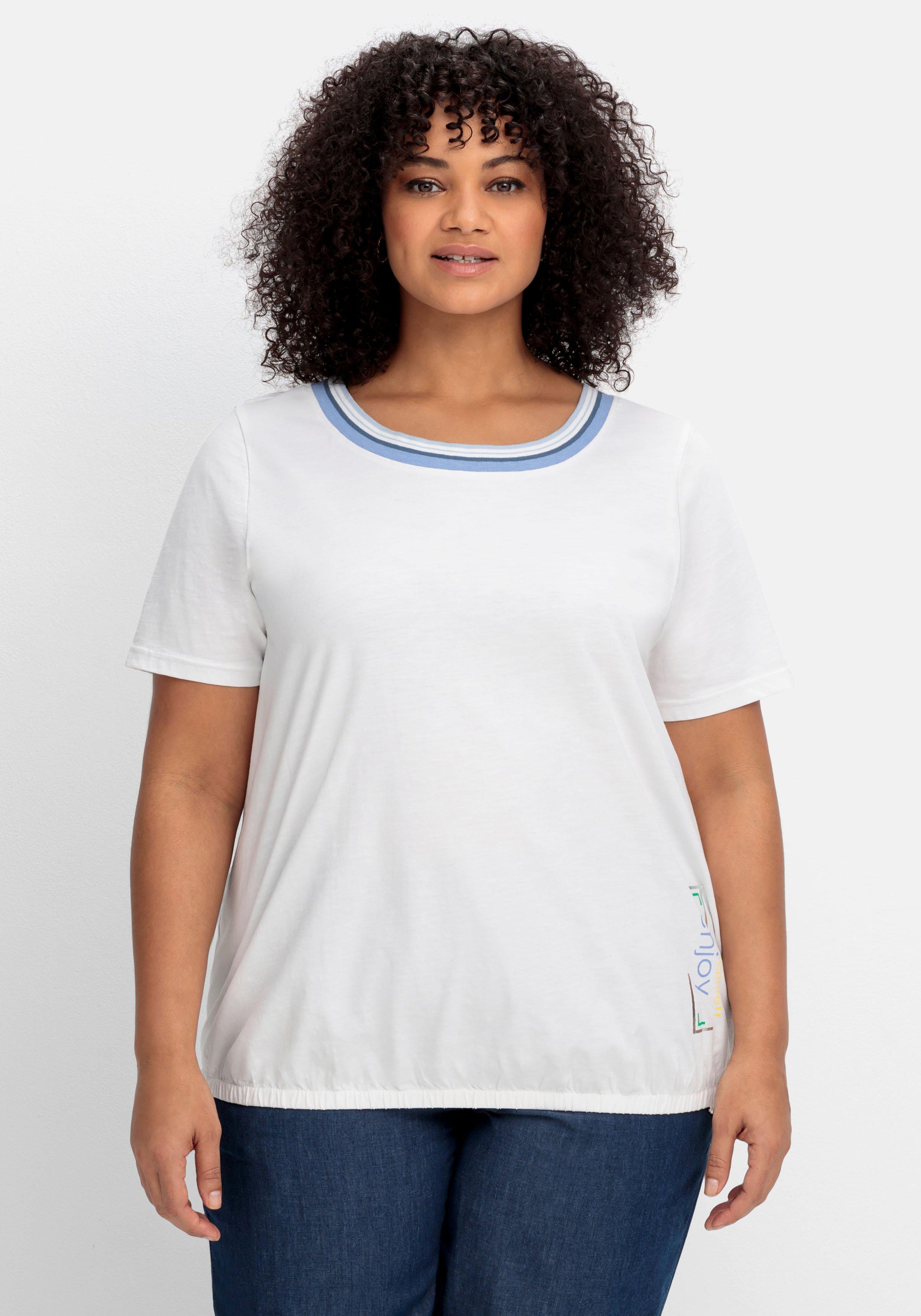 Shirt mit gestreifter Rippblende und Gummizugbund - weiß | sheego