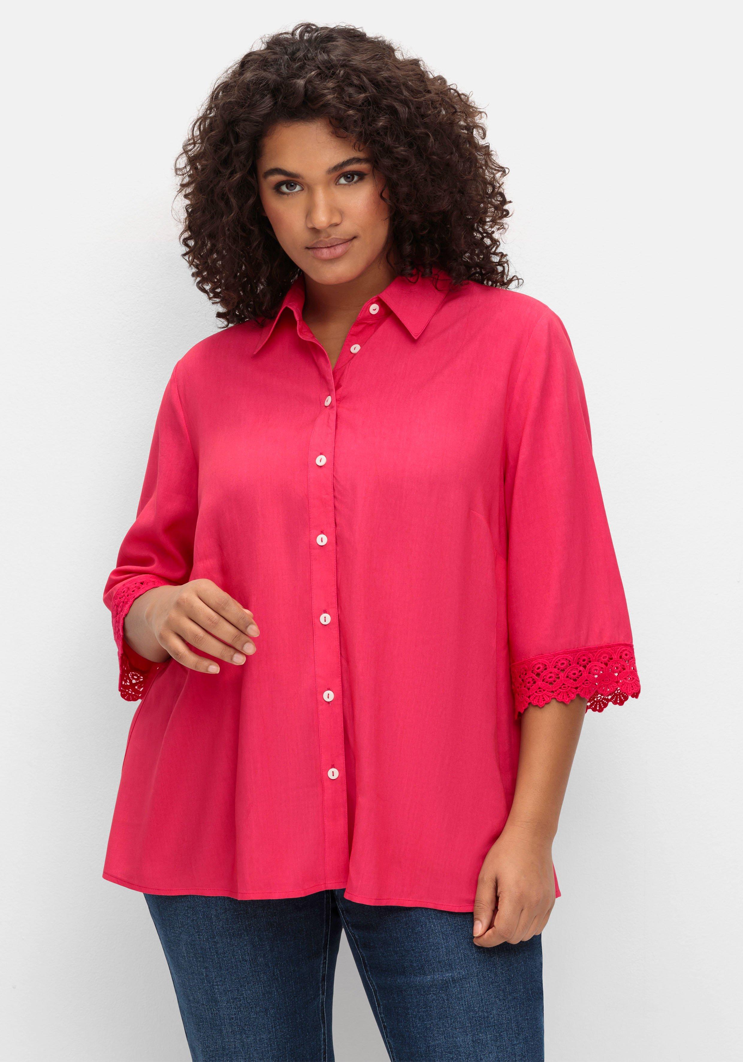 sheego Bluse mit Spitzenkante am Ärmelsaum - magenta sheego