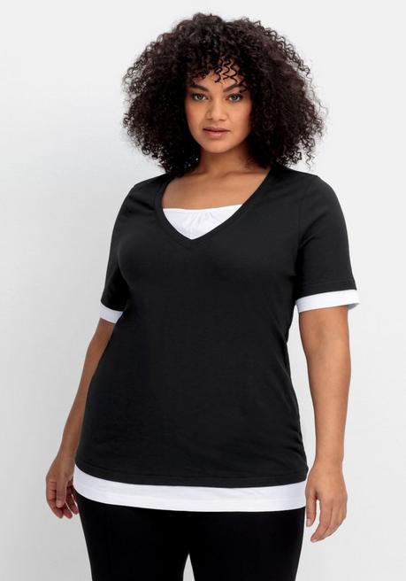 Jerseyshirt in 2-in-1-Optik, mit V-Ausschnitt - schwarz-weiß - 40/42