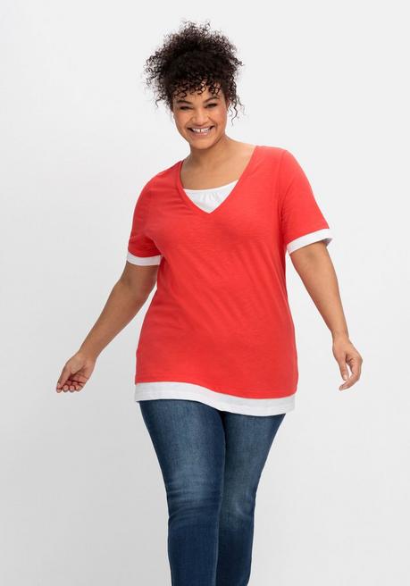 Jerseyshirt in 2-in-1-Optik, mit V-Ausschnitt - rot-weiß - 40/42