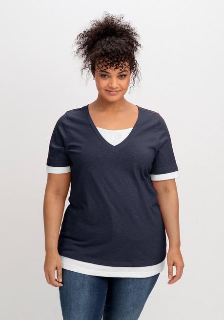 Jerseyshirt in 2-in-1-Optik, mit V-Ausschnitt - tiefblau-weiß - 40/42
