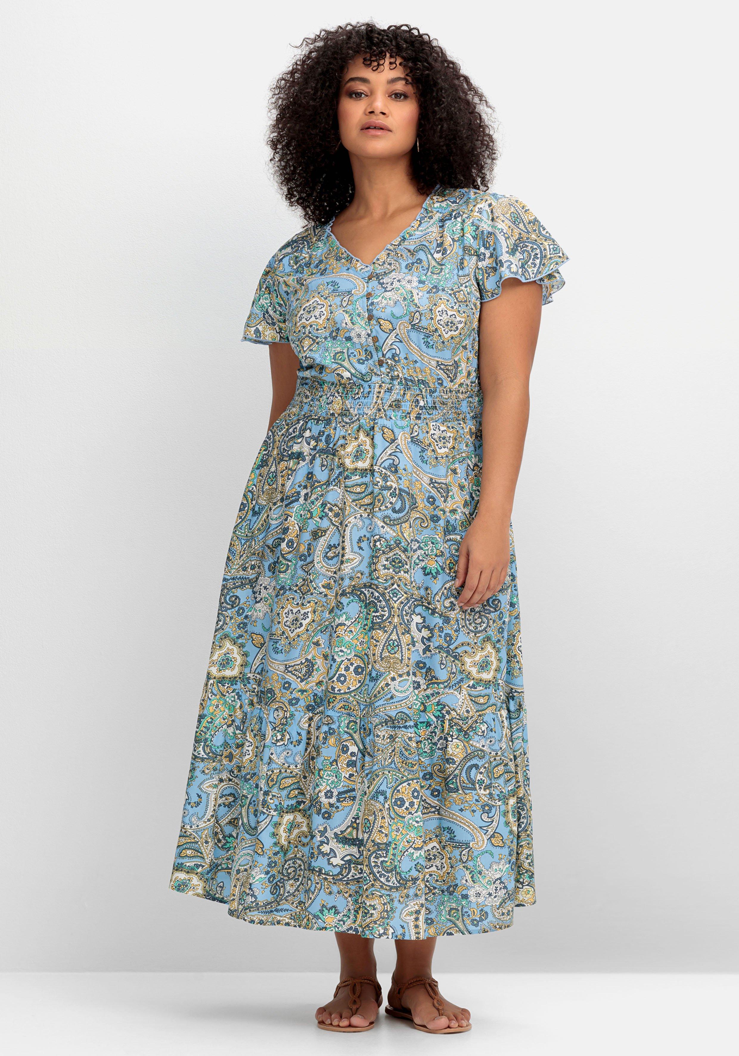 große größen: maxikleid im paisleymuster, mit smokbund, blau gemustert, gr.40-58