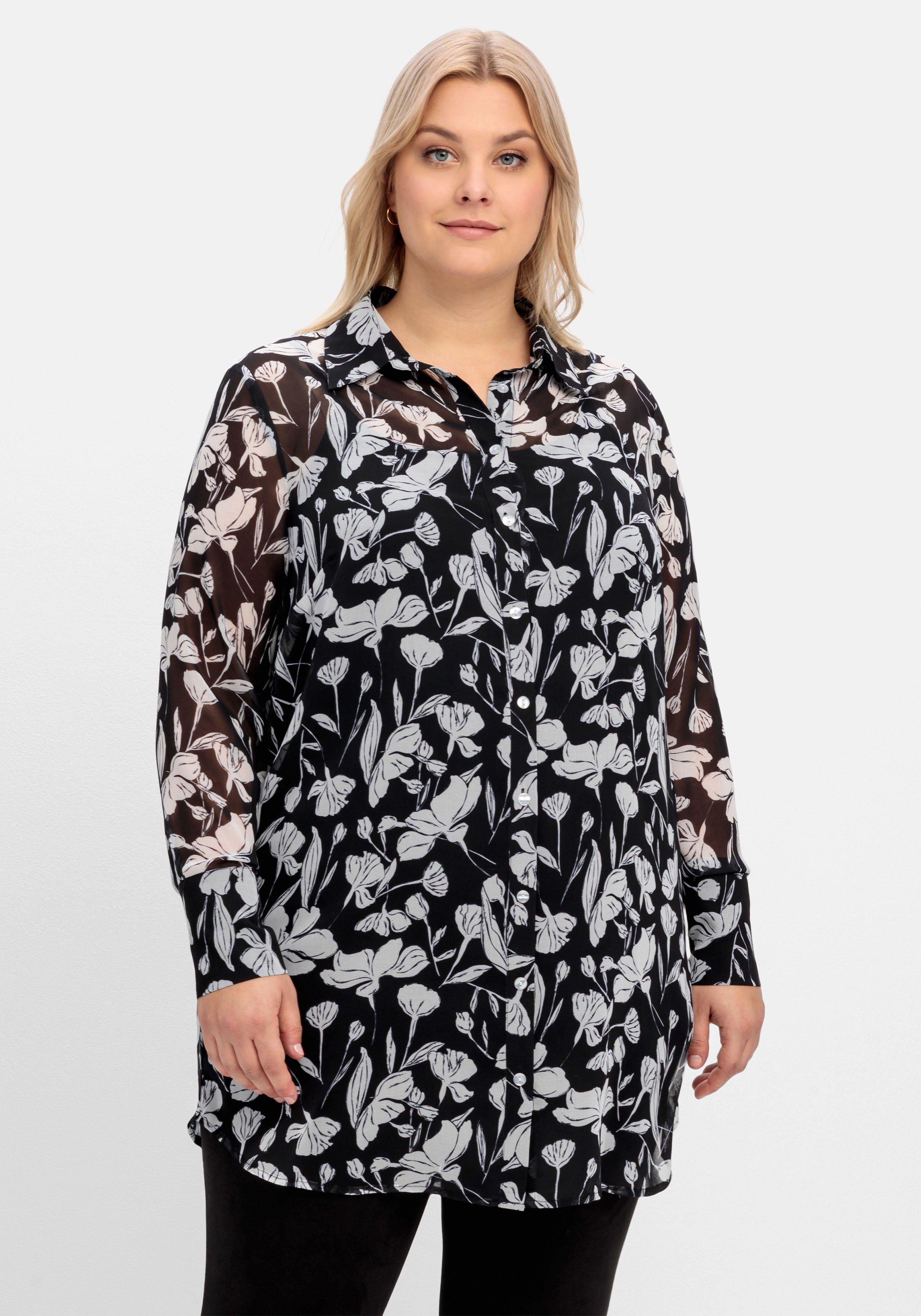 sheego Floral bedruckte Chiffonbluse mit Unterziehtop - schwarz-weiß gemustert sheego