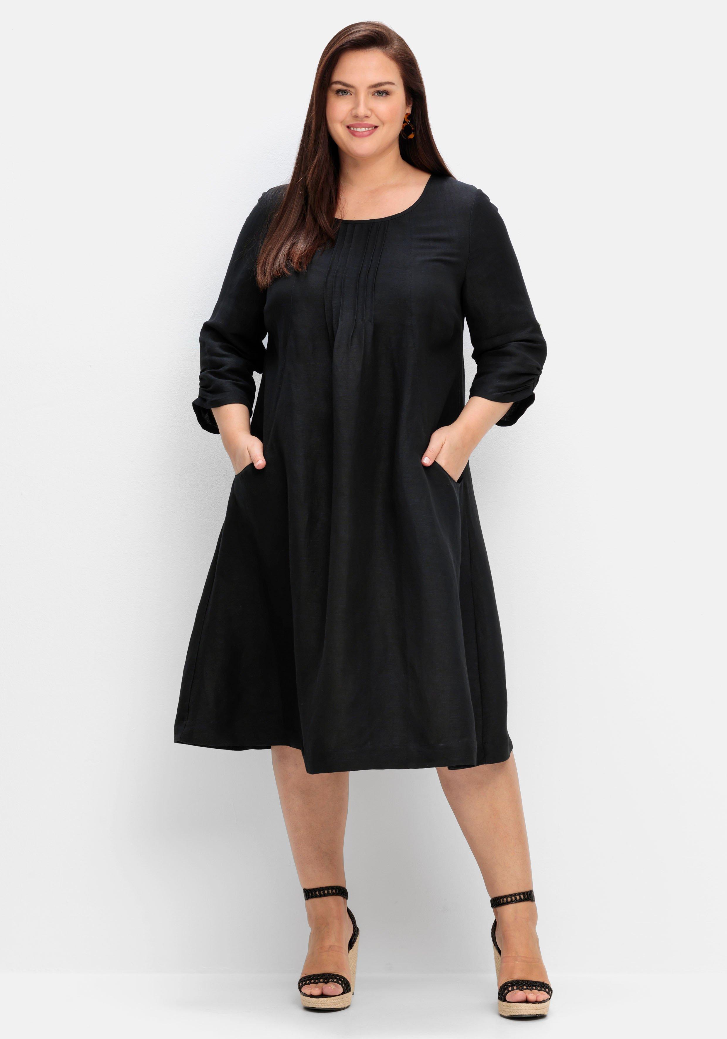 A-Linie Kleid mit in schwarz sheego 3/4-Ärmeln, - | aus Leinen-Viskose-Mix