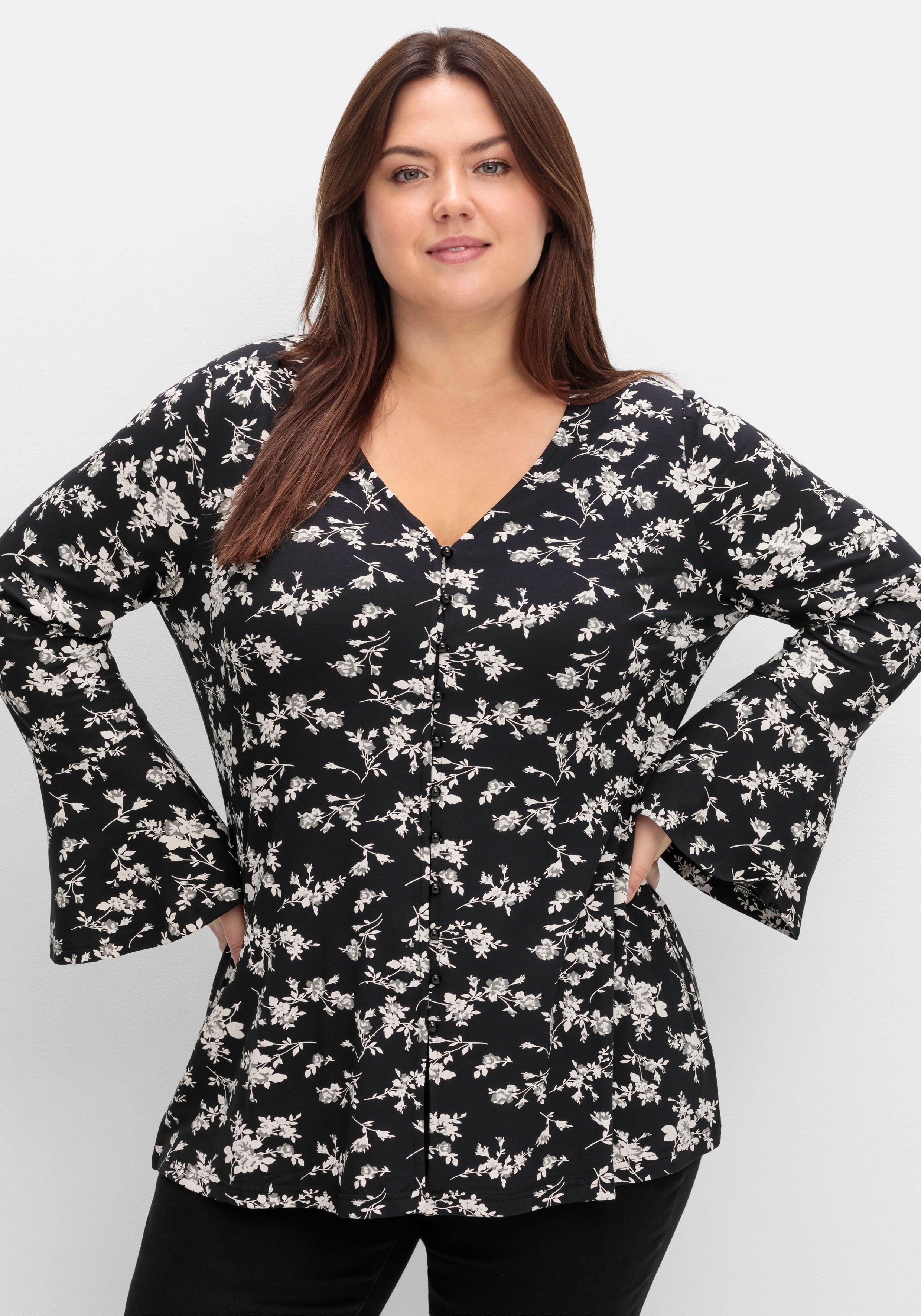 sheego by Joe Browns Langarmshirt mit Biesen und Volantärmeln - schwarz gemustert sheego