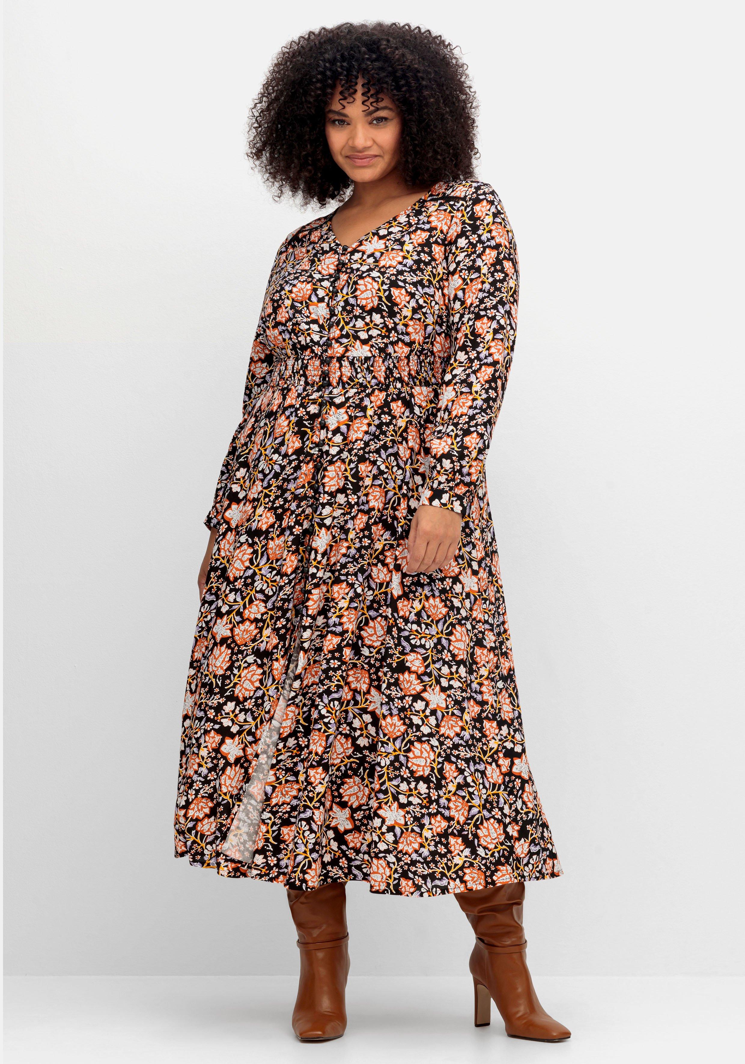 sheego by Joe Browns Maxikleid mit Blumenprint und gesmokter Taille - schwarz gemustert sheego