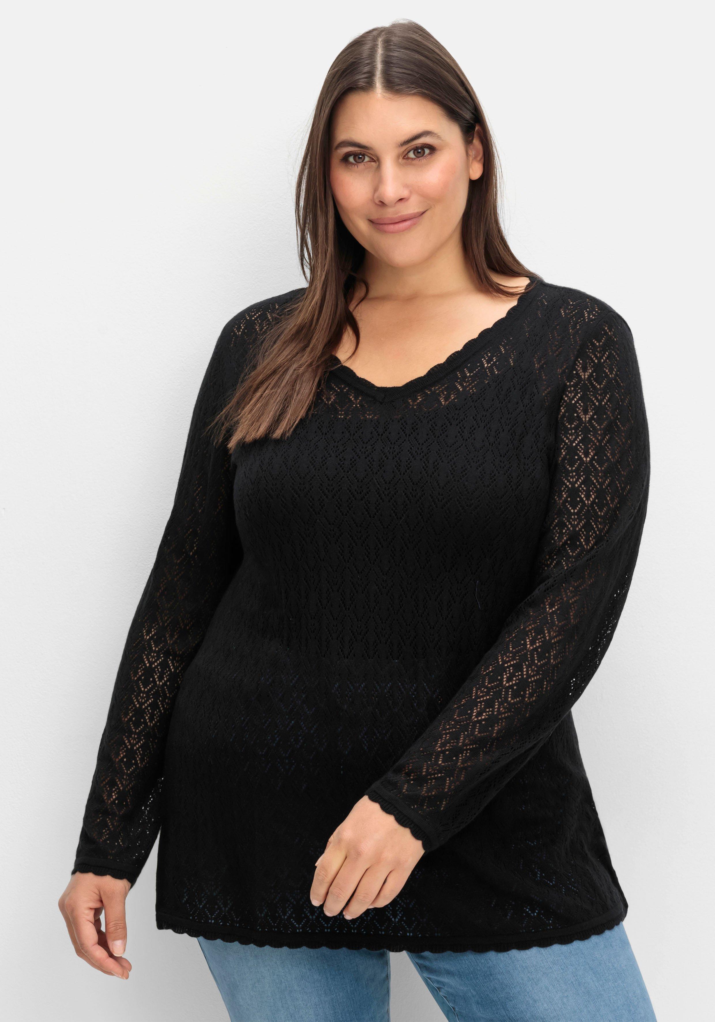 sheego Pullover aus Ajourstrick, in leichter A-Linie - schwarz sheego