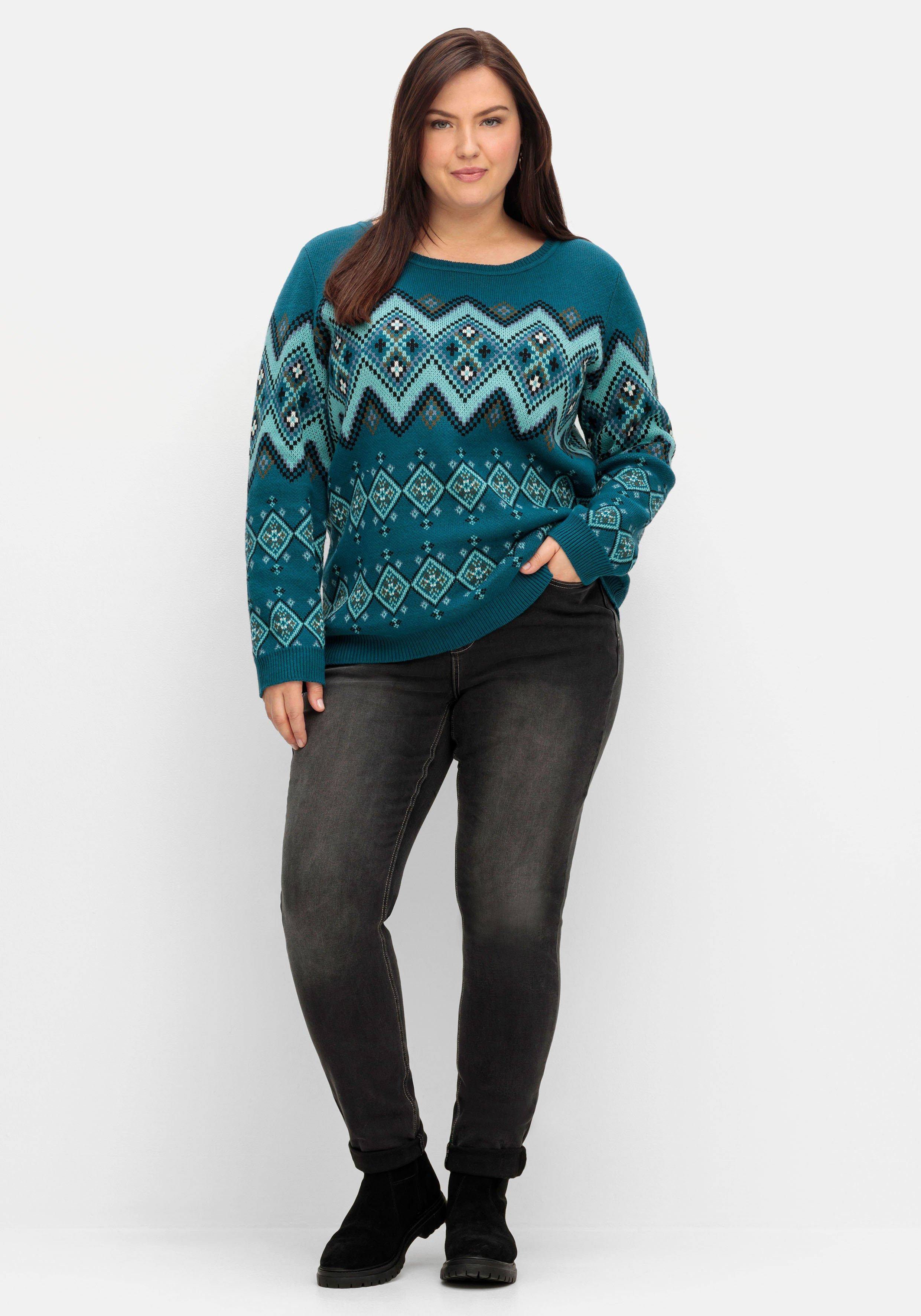 sheego Pullover mit Jacquard-Strickmuster - dunkelpetrol gemustert sheego