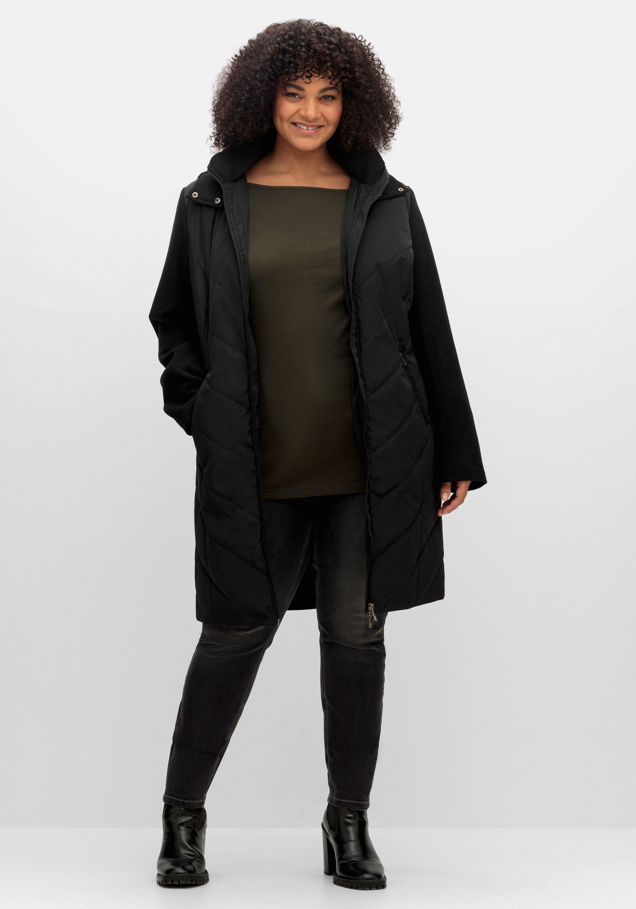 sheego Lange Steppjacke mit Kapuze, im Materialmix - schwarz sheego