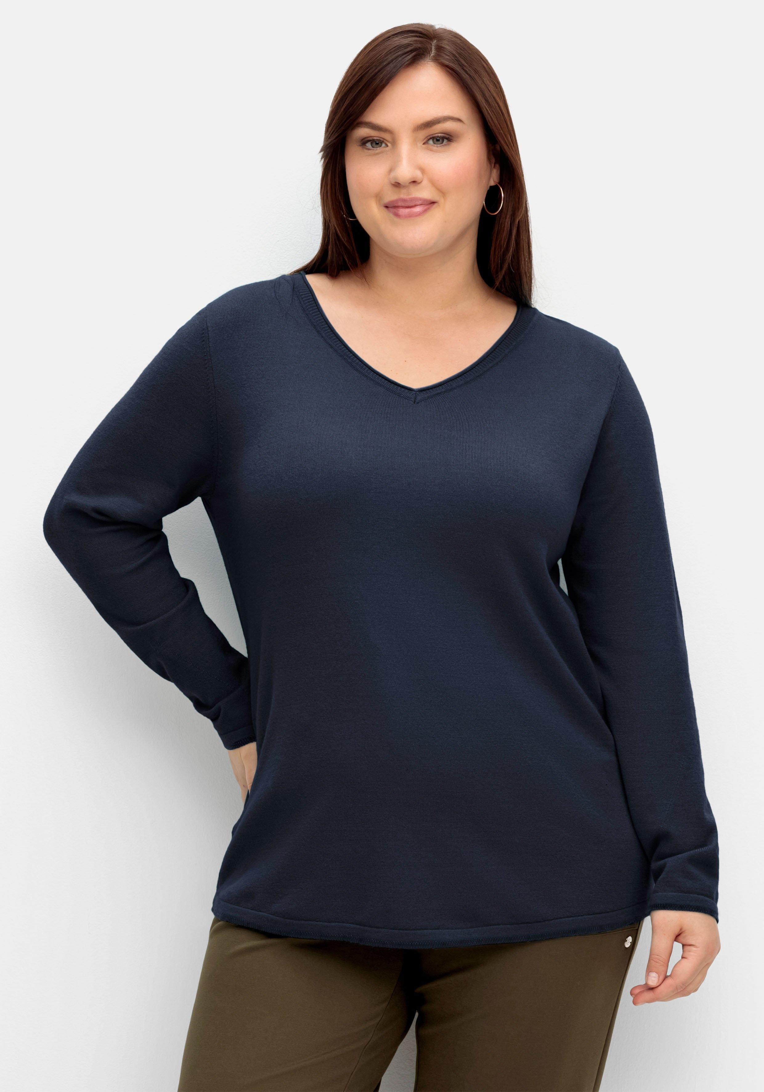 sheego Flauschiger Pullover mit V-Ausschnitt - nachtblau sheego