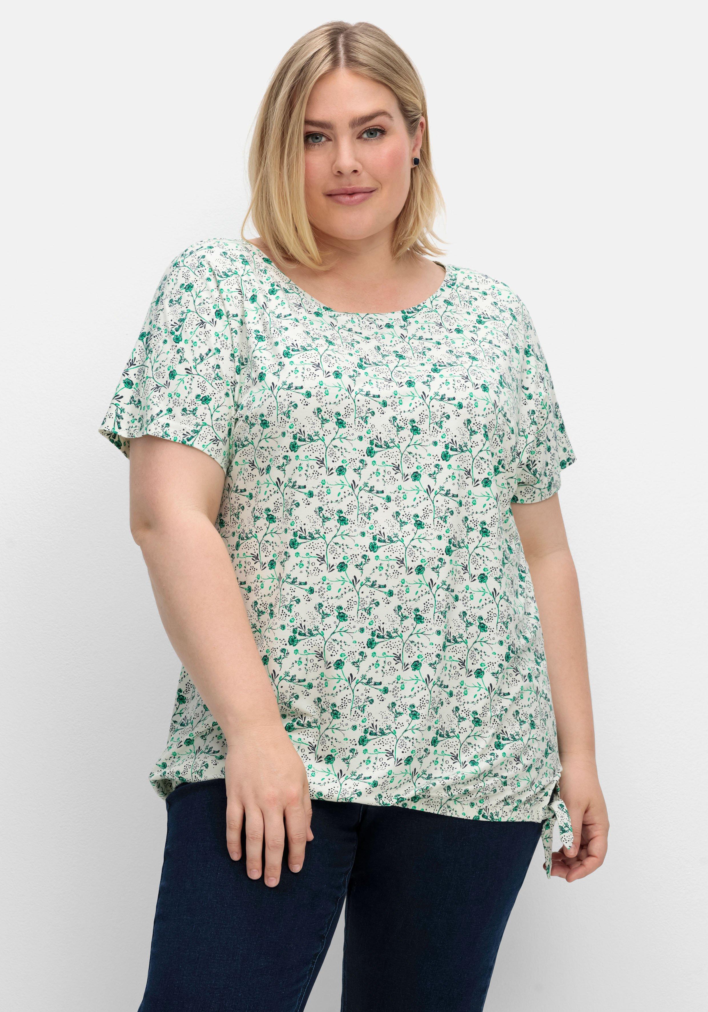 sheego T-Shirt mit Gummizugbund und Knotendetail - jadegrün gemustert sheego