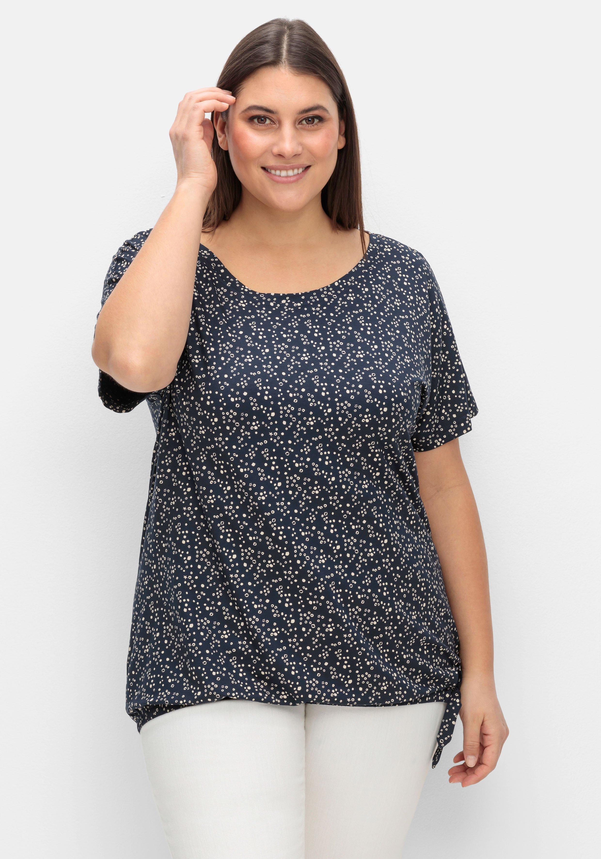 sheego T-Shirt mit Gummizugbund und Knotendetail - nachtblau gemustert sheego