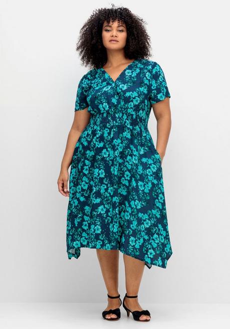 Kleid mit Blumendruck und Zipfelsaum - blau gemustert - 44