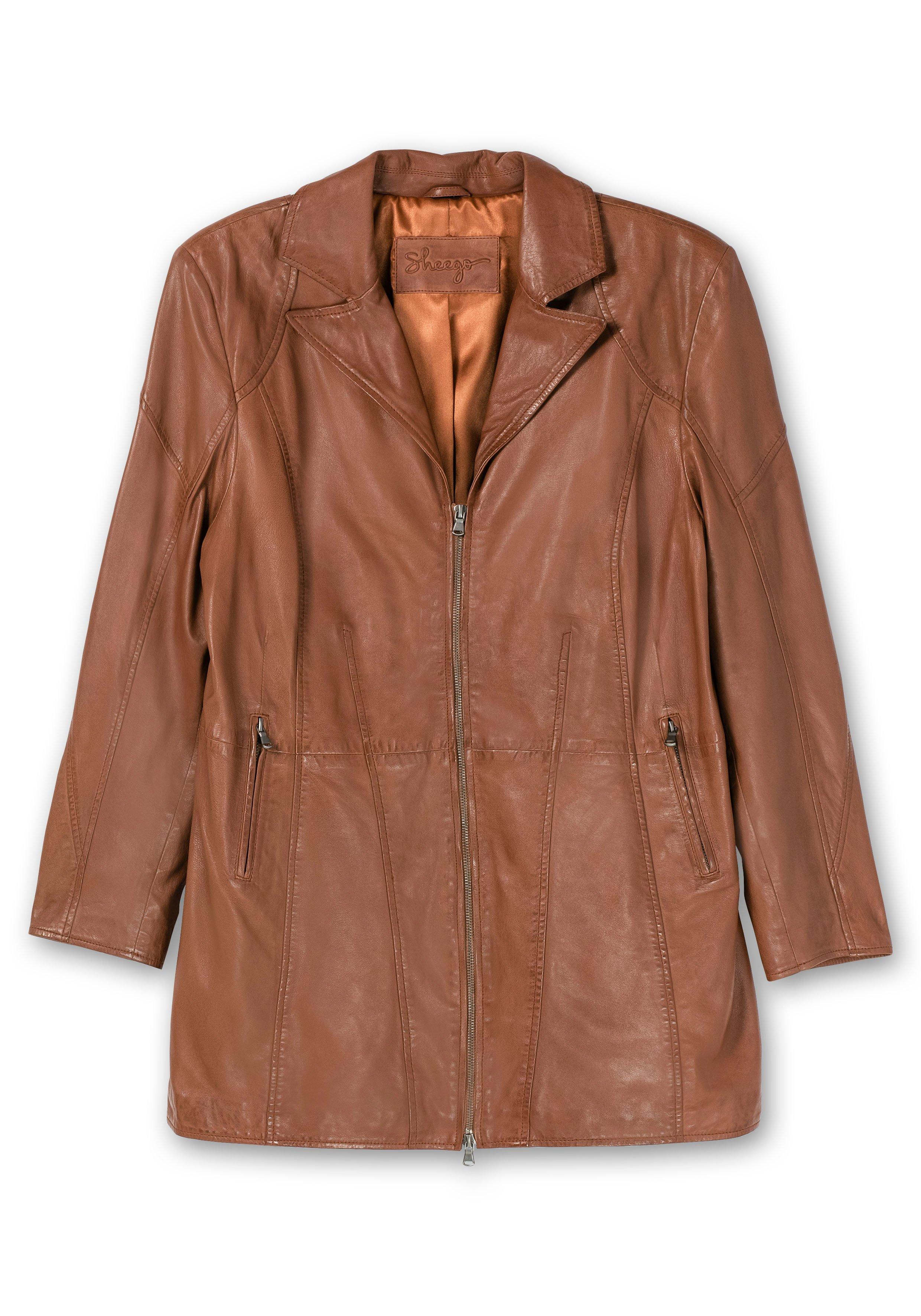 Lange Lederjacke aus Lammnappa, mit Reverskragen - cognac | sheego