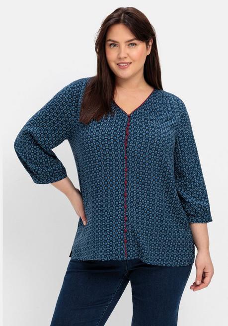 Bedruckte Bluse mit Smok- und Kontrastdetails - nachtblau gemustert - 40