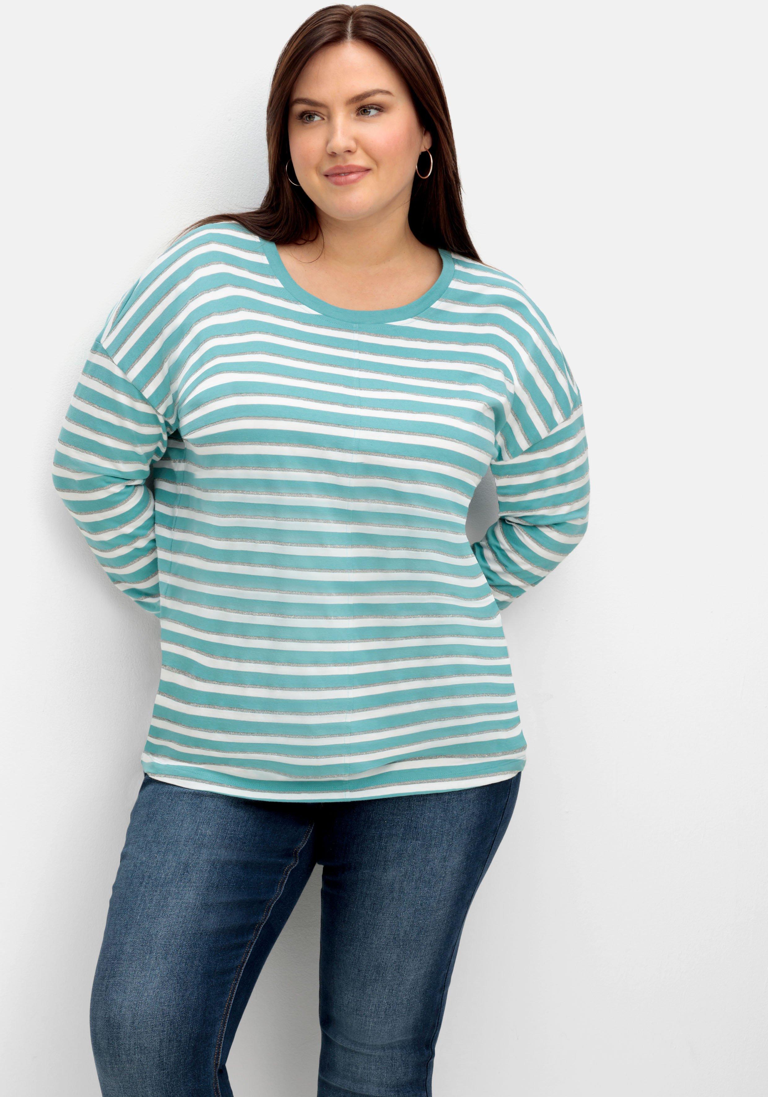 sheego Langarmshirt mit Streifen und Effektgarn - aqua gestreift sheego