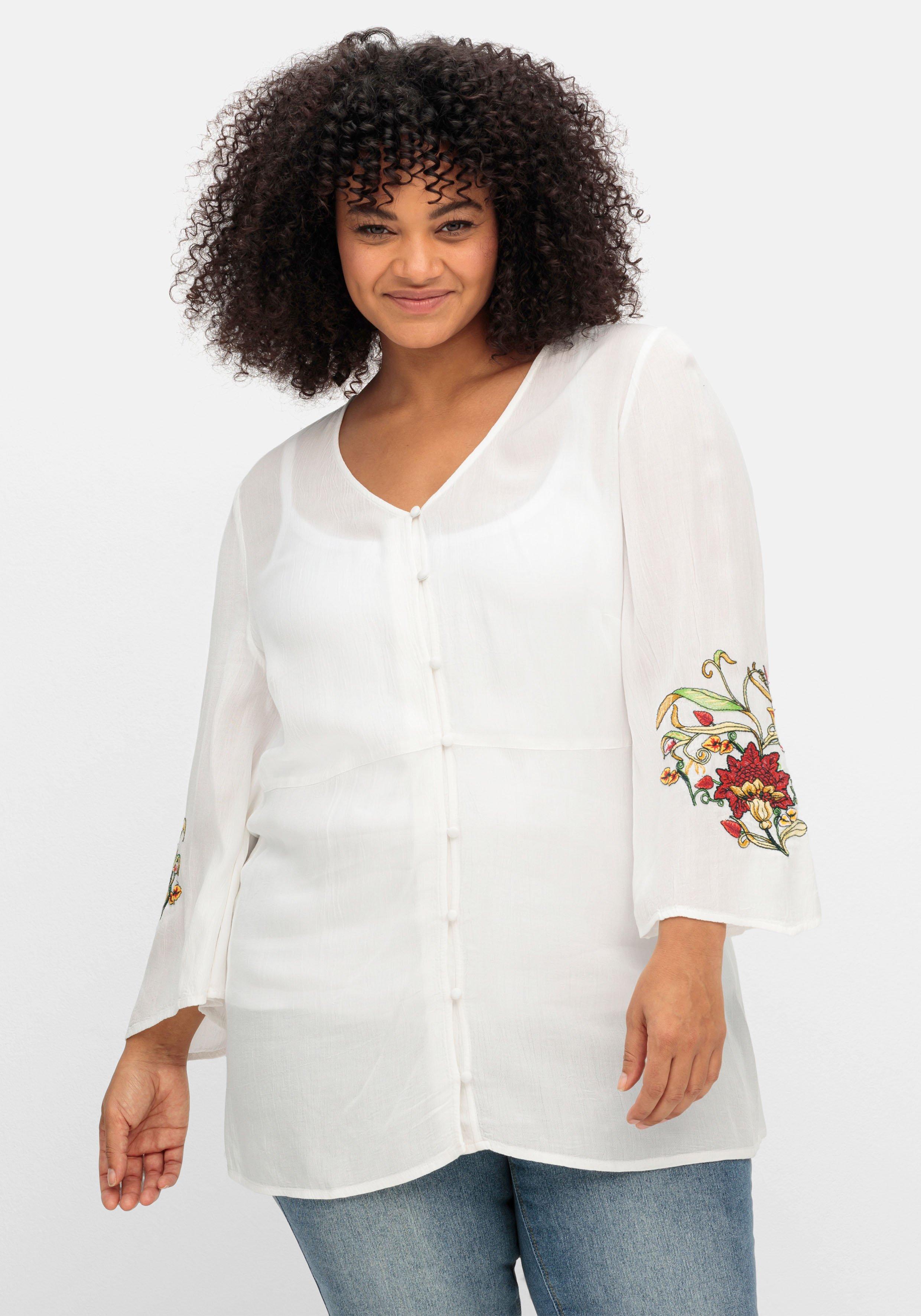 sheego by Joe Browns Crêpe-Longbluse mit bestickten Trompetenärmeln - offwhite sheego