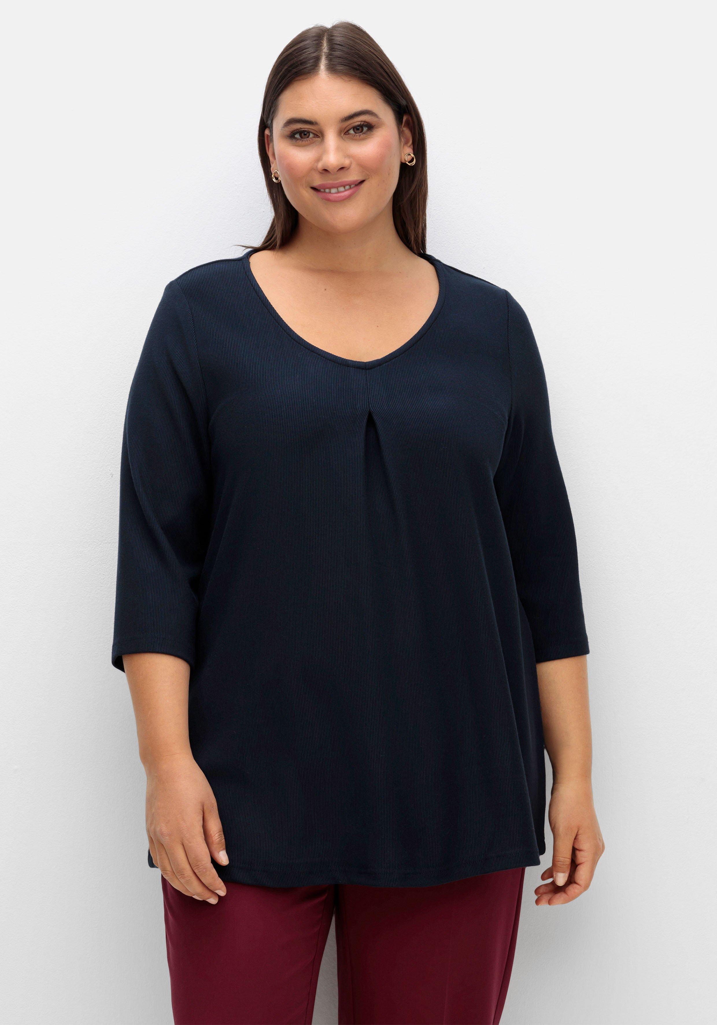 sheego 3/4-Arm-Shirt aus Rippjersey, mit Kellerfalte, in A-Linie - nachtblau sheego