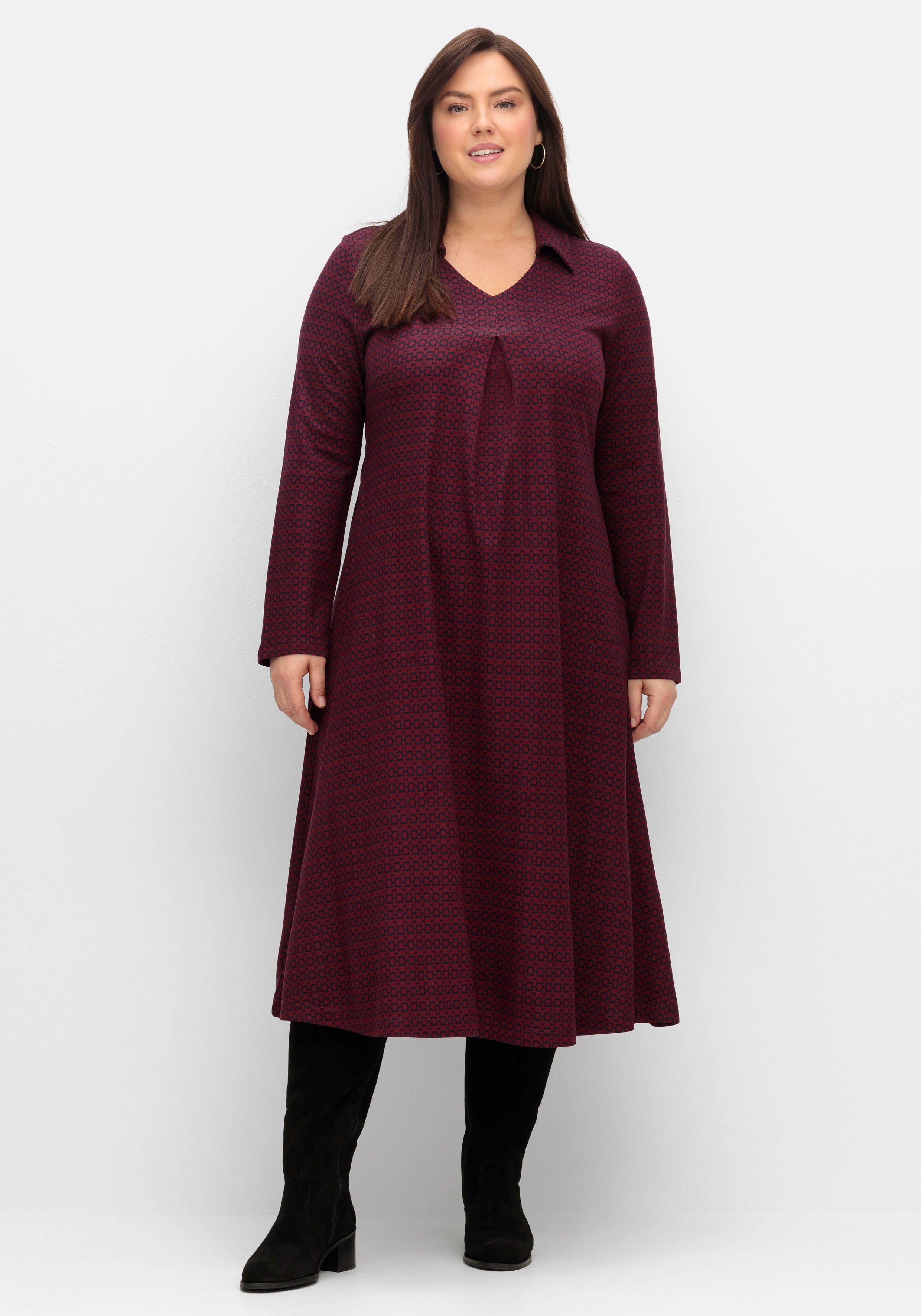 A-Linie, weinrot gemustert Shirtkleid - | mit Kragen Kellerfalte sheego in und