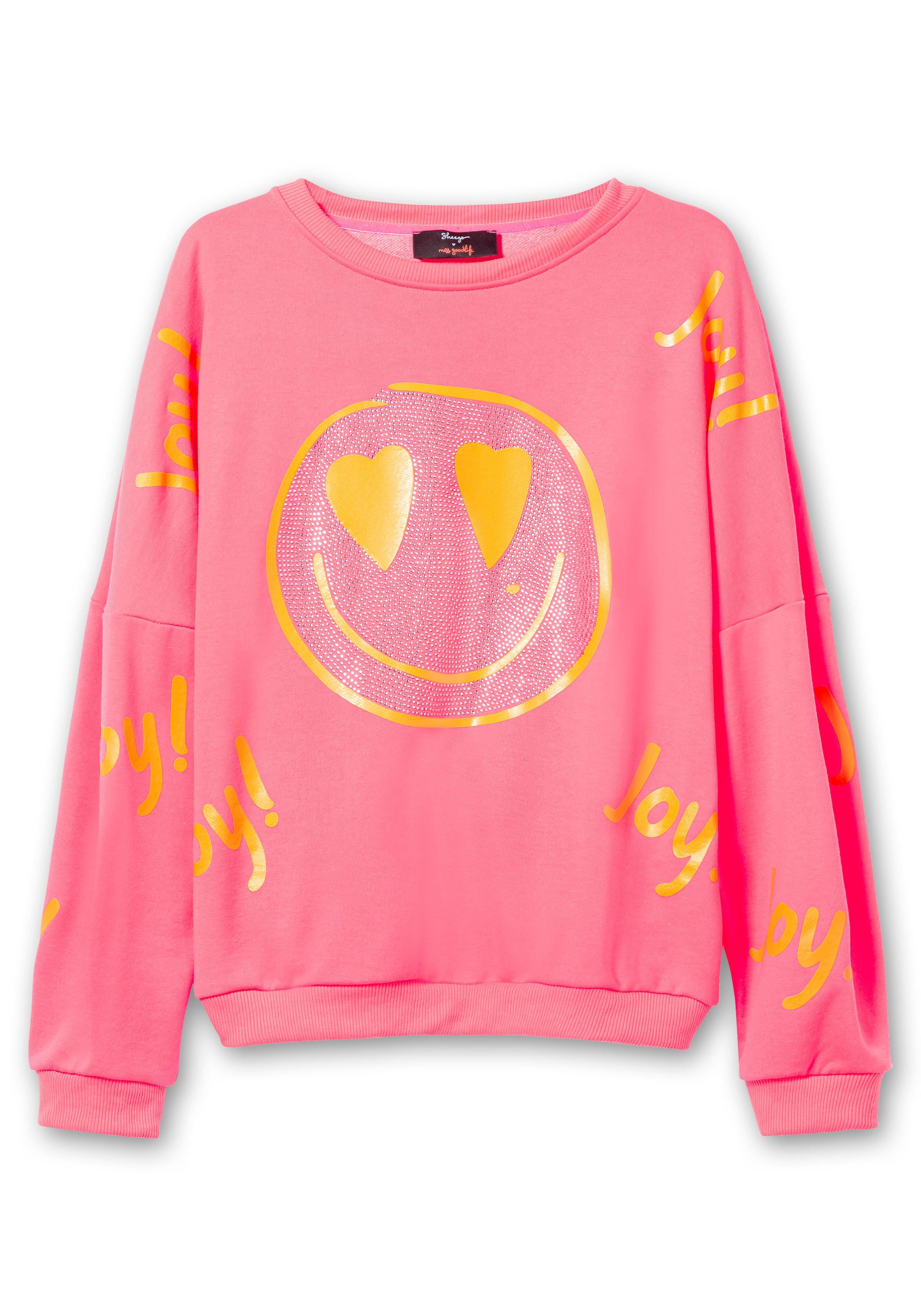 pink und sheego Glitzersteinen Sweatshirt mit - | Smiley-Frontdruck
