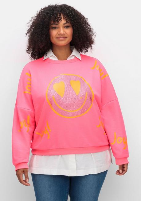 Sweatshirt mit Smiley-Frontdruck und Glitzersteinen - pink - 48
