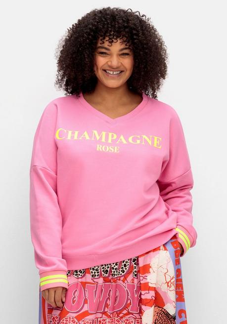 Sweatshirt mit Wordingprint und Streifenbündchen - pink - 40