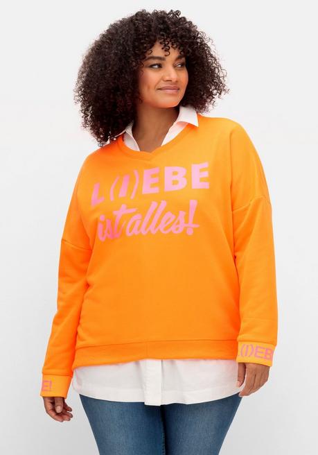 Sweatshirt mit Wordingprints und V-Ausschnitt - orange bedruckt - 50