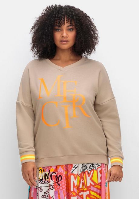 Sweatshirt mit Frontdruck und Ringelbündchen - beigefarben bedruckt - 40