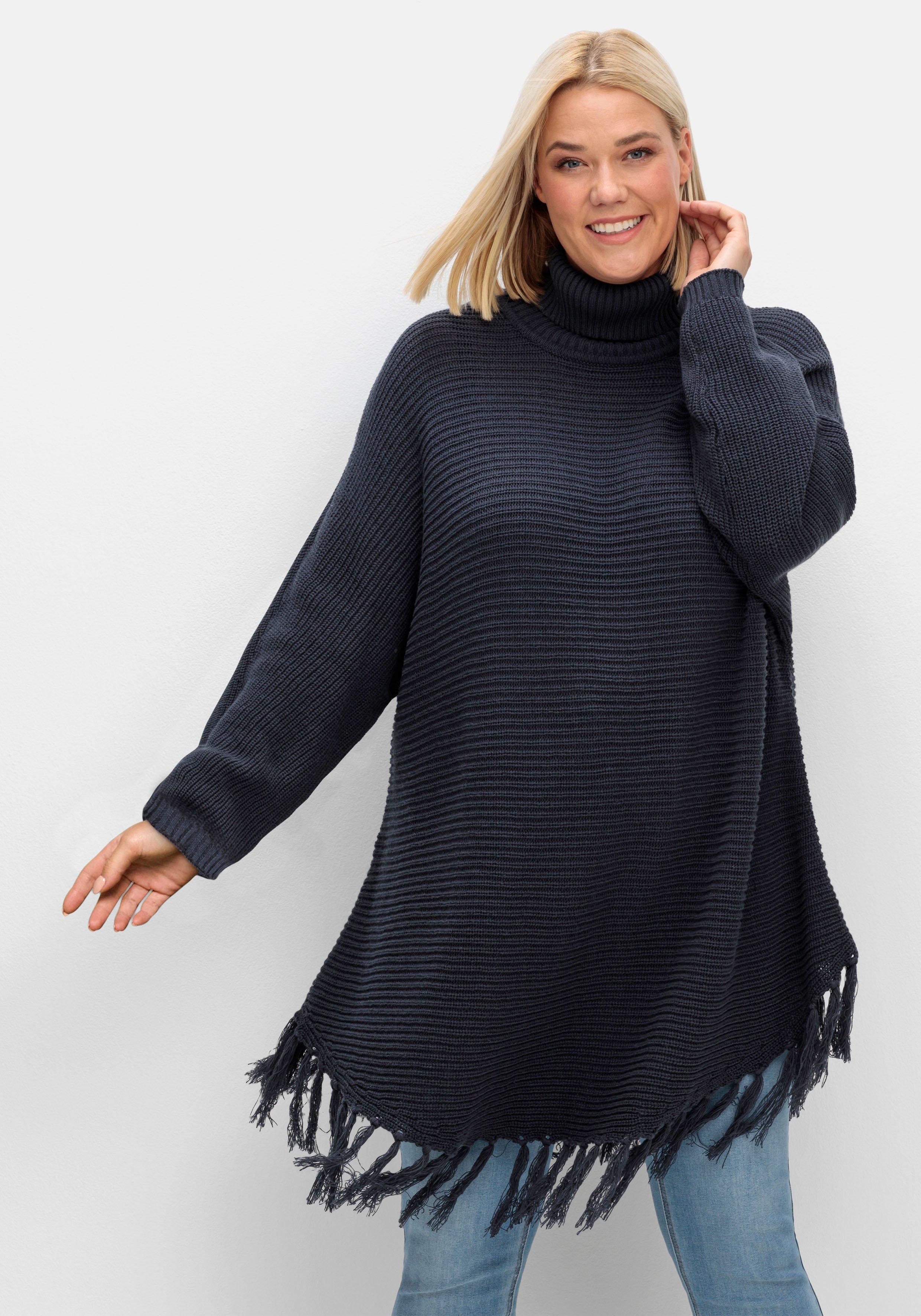 sheego Gerippter Poncho-Pullover mit Fransensaum - nachtblau sheego