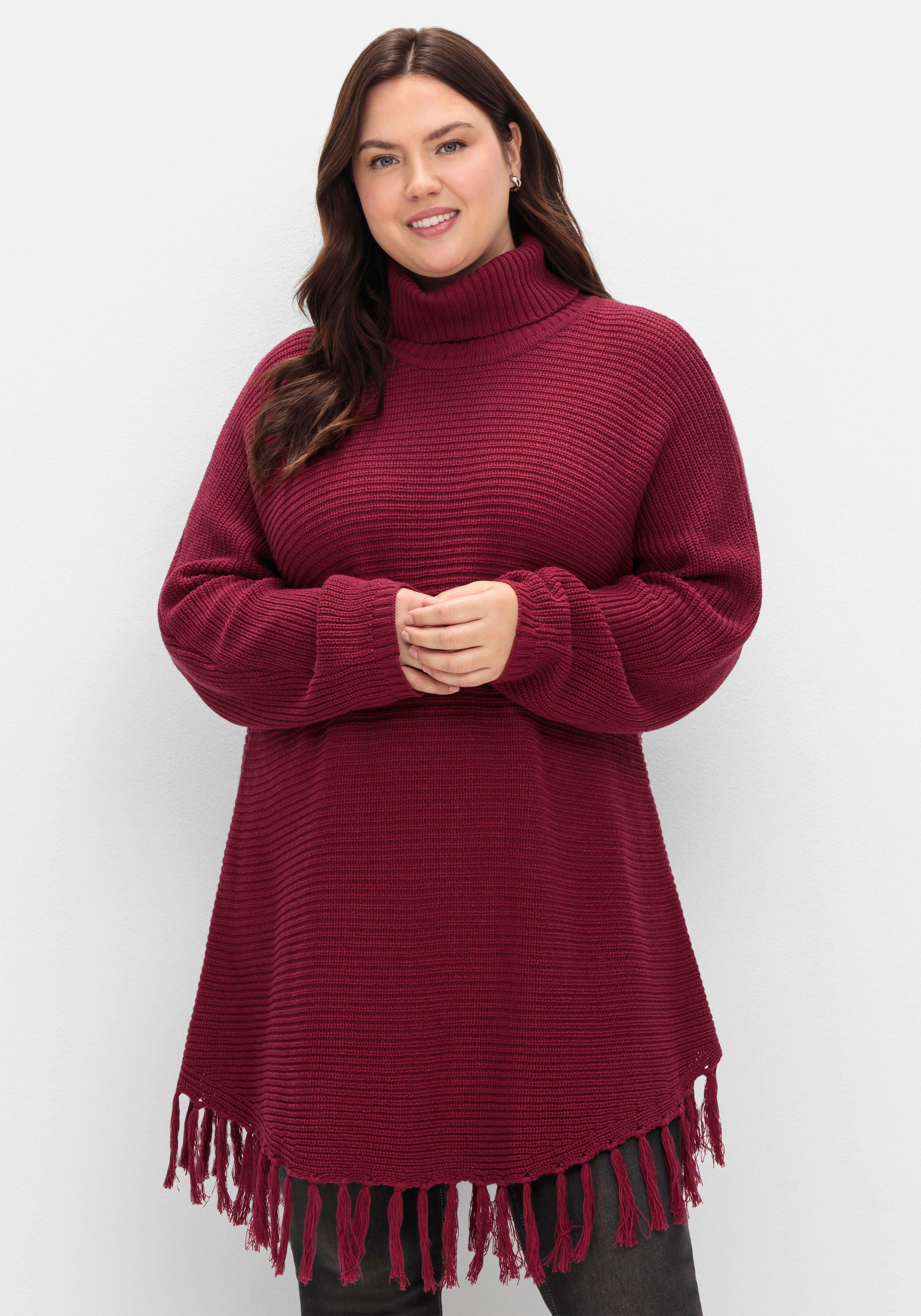 sheego Gerippter Poncho-Pullover mit Fransensaum - beere sheego