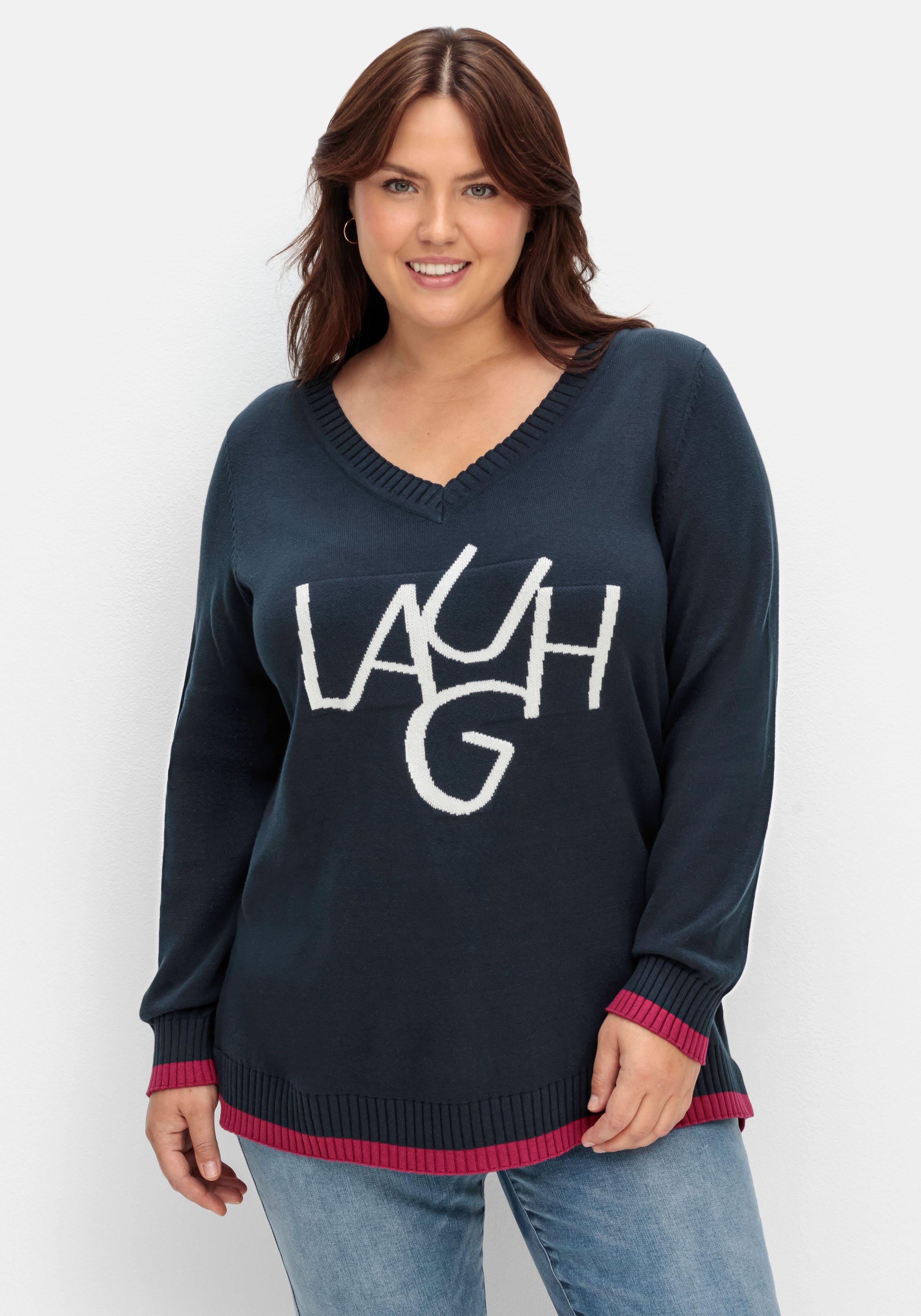 sheego Pullover mit Wording im Intarsienstrick - nachtblau sheego