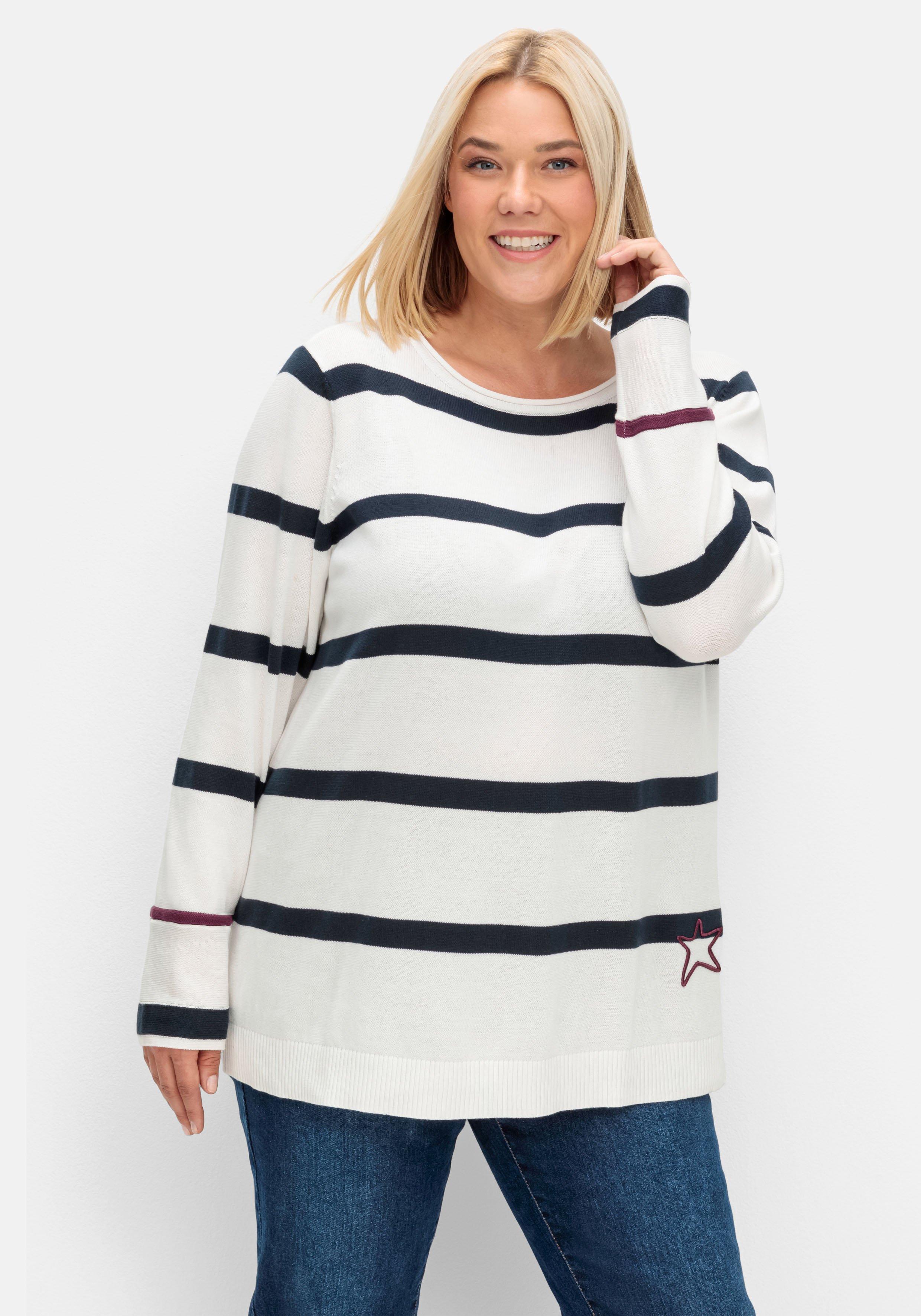 sheego Gestreifter Pullover mit Stern-Stickerei, aus Baumwolle - offwhite gestreift sheego