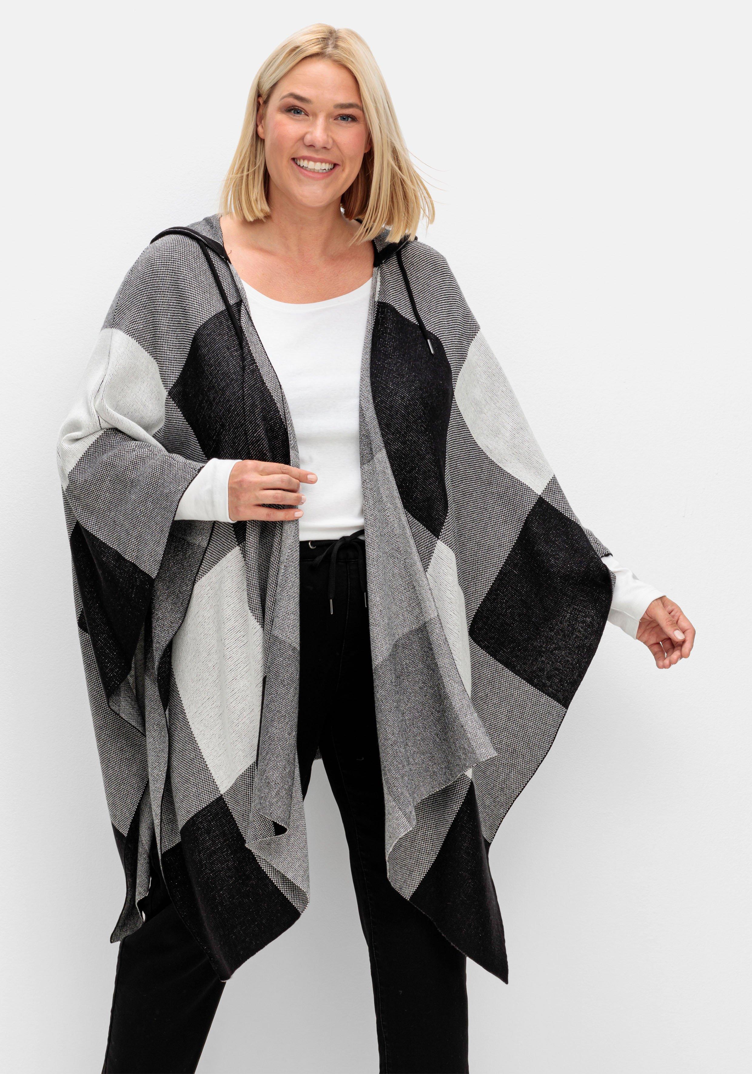 sheego Kariertes Poncho-Cape mit Kapuze, offene Form - schwarz-weiß sheego