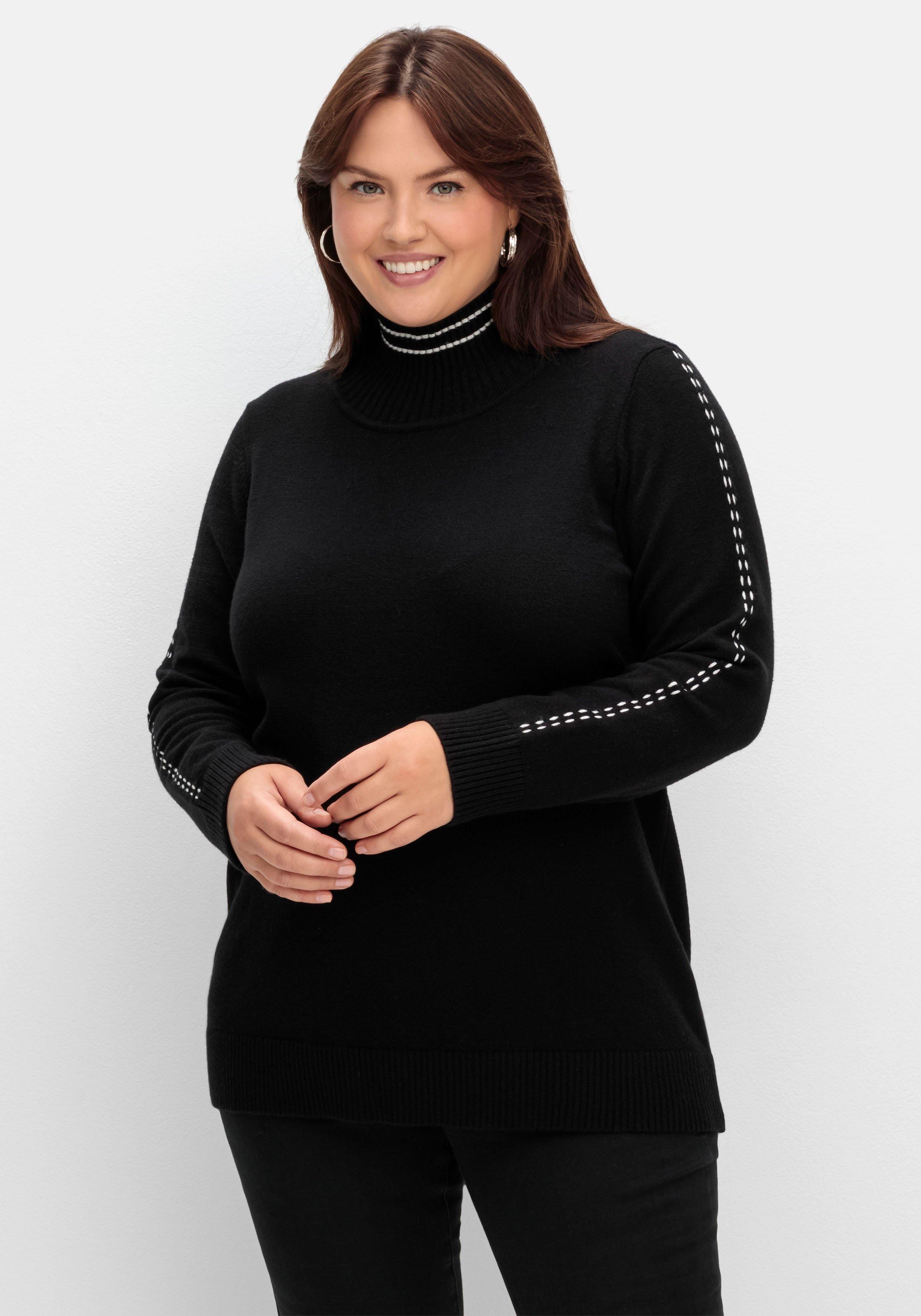 sheego Pullover mit Zierstichen und Stehkragen - schwarz sheego