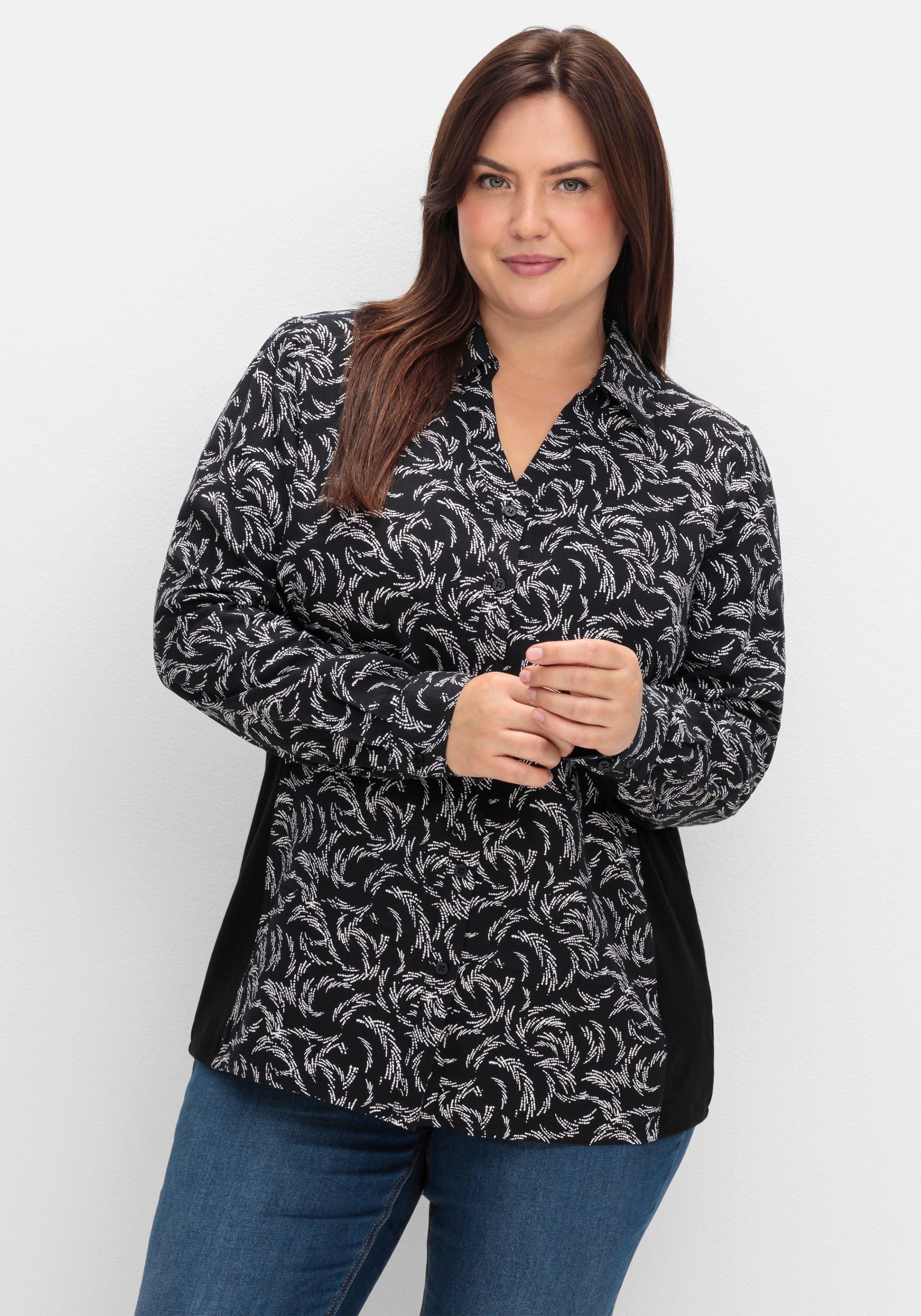 sheego Bluse mit Print und elastischen Einsätzen - schwarz-weiß gemustert sheego