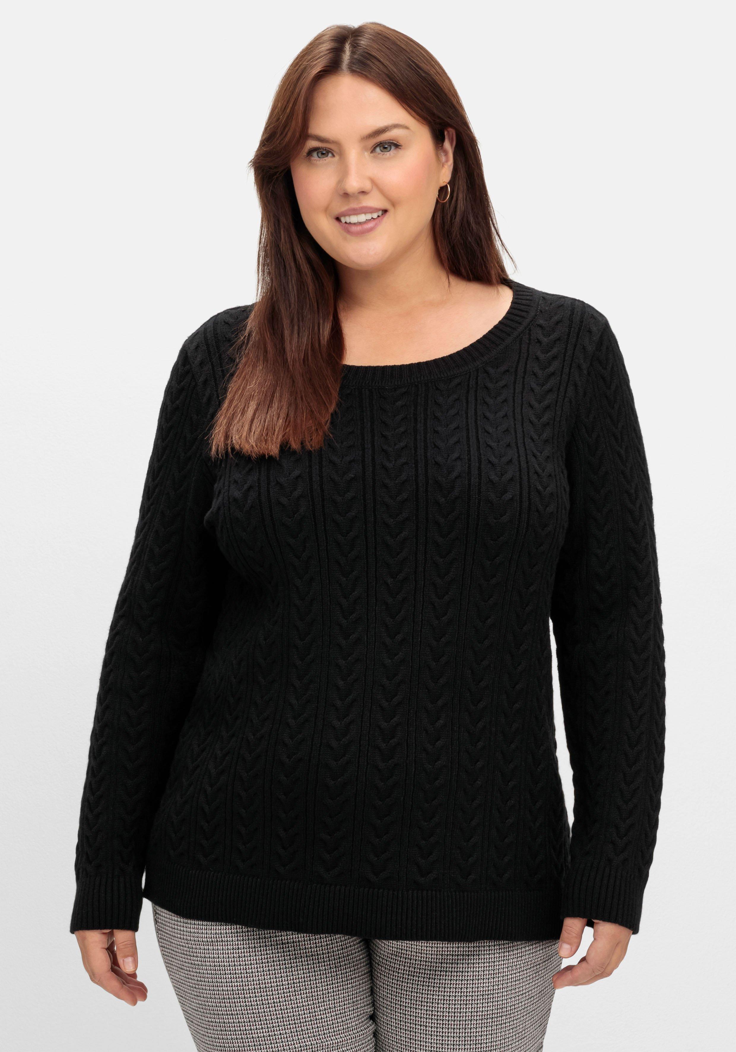 sheego Pullover mit Zopfmuster und Rundhalsausschnitt - schwarz sheego